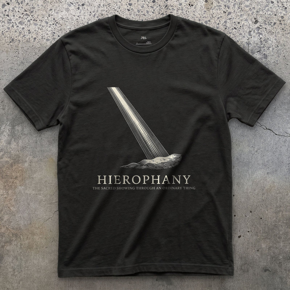 Hierophany, the Sacred Showing Through an Ordinary Thing design on a Black Gildan Softstyle t-shirt