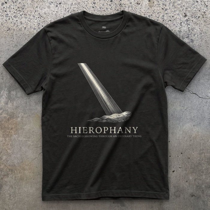 Hierophany, the Sacred Showing Through an Ordinary Thing design on a Black Gildan Softstyle t-shirt