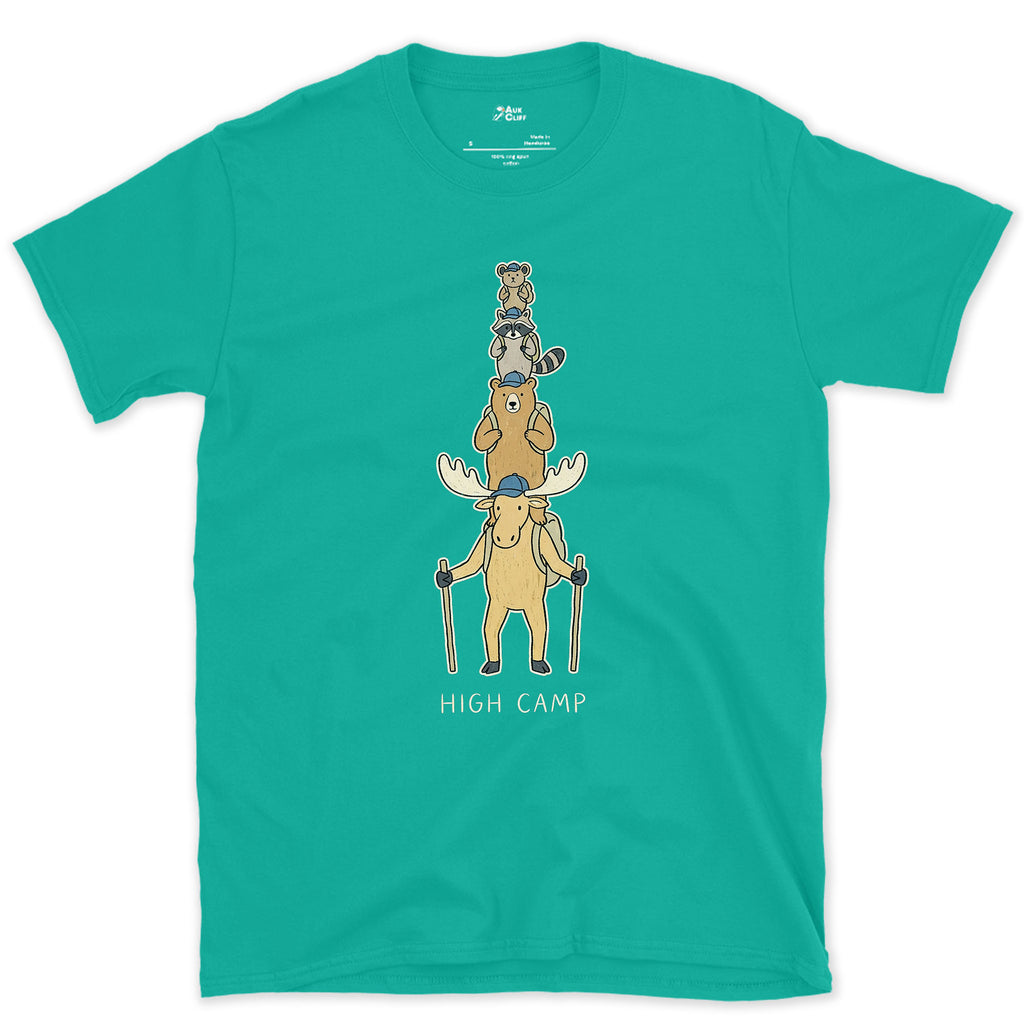 High Camp, Moose Marmot Pika Stack design on a Jade Dome Gildan Softstyle t-shirt