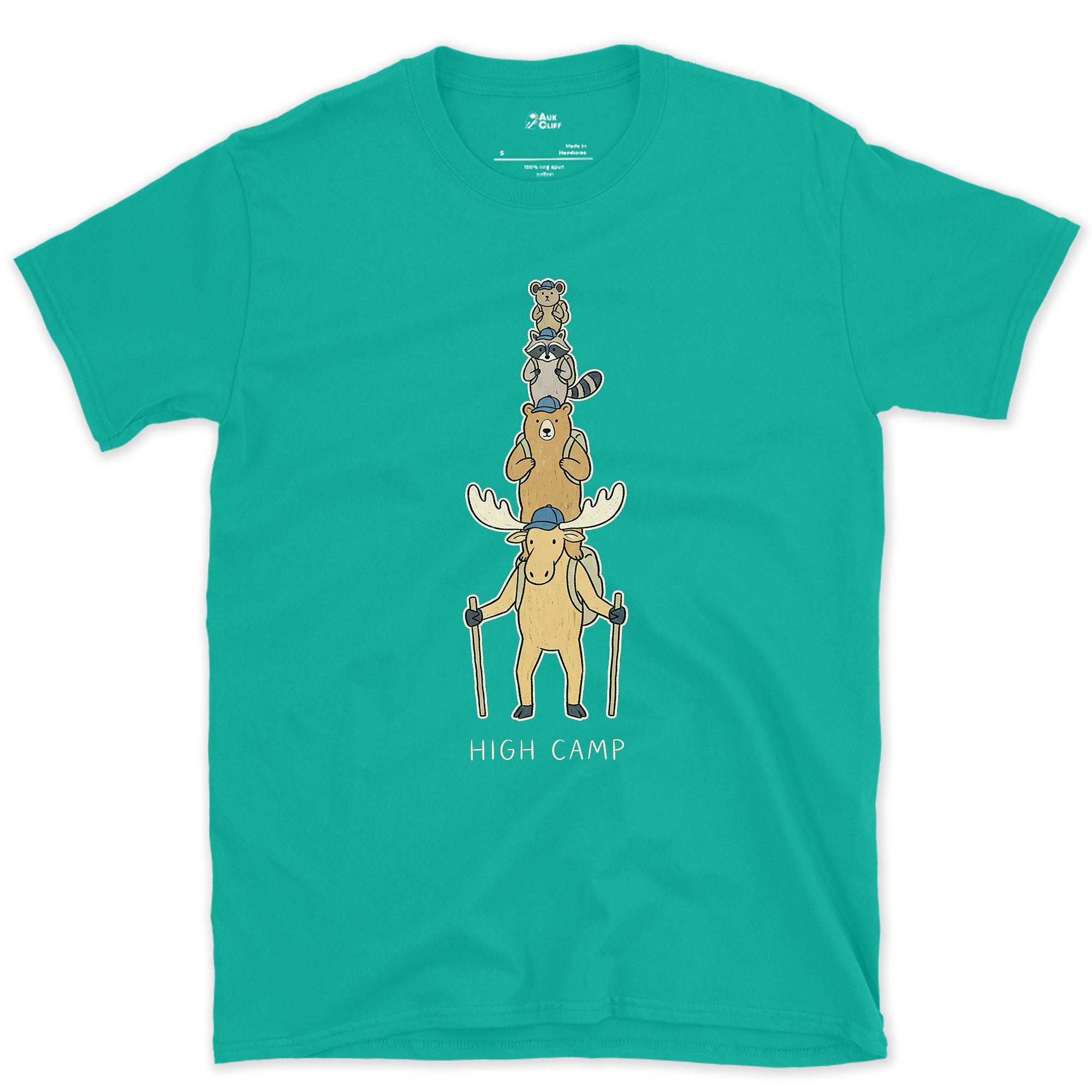 High Camp, Moose Marmot Pika Stack design on a Jade Dome Gildan Softstyle t-shirt