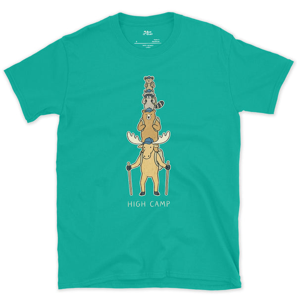 High Camp, Moose Marmot Pika Stack design on a Jade Dome Gildan Softstyle t-shirt