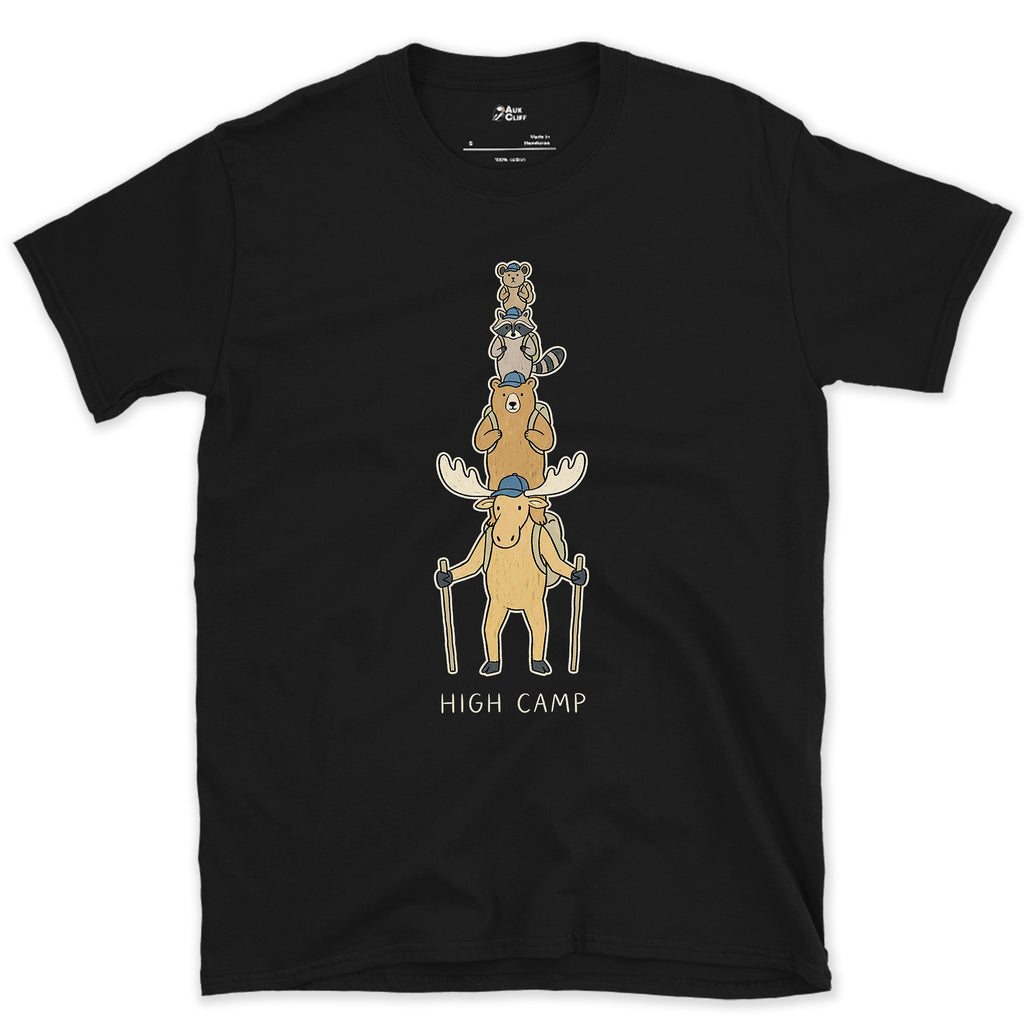 High Camp, Moose Marmot Pika Stack design on a Black Gildan Softstyle t-shirt