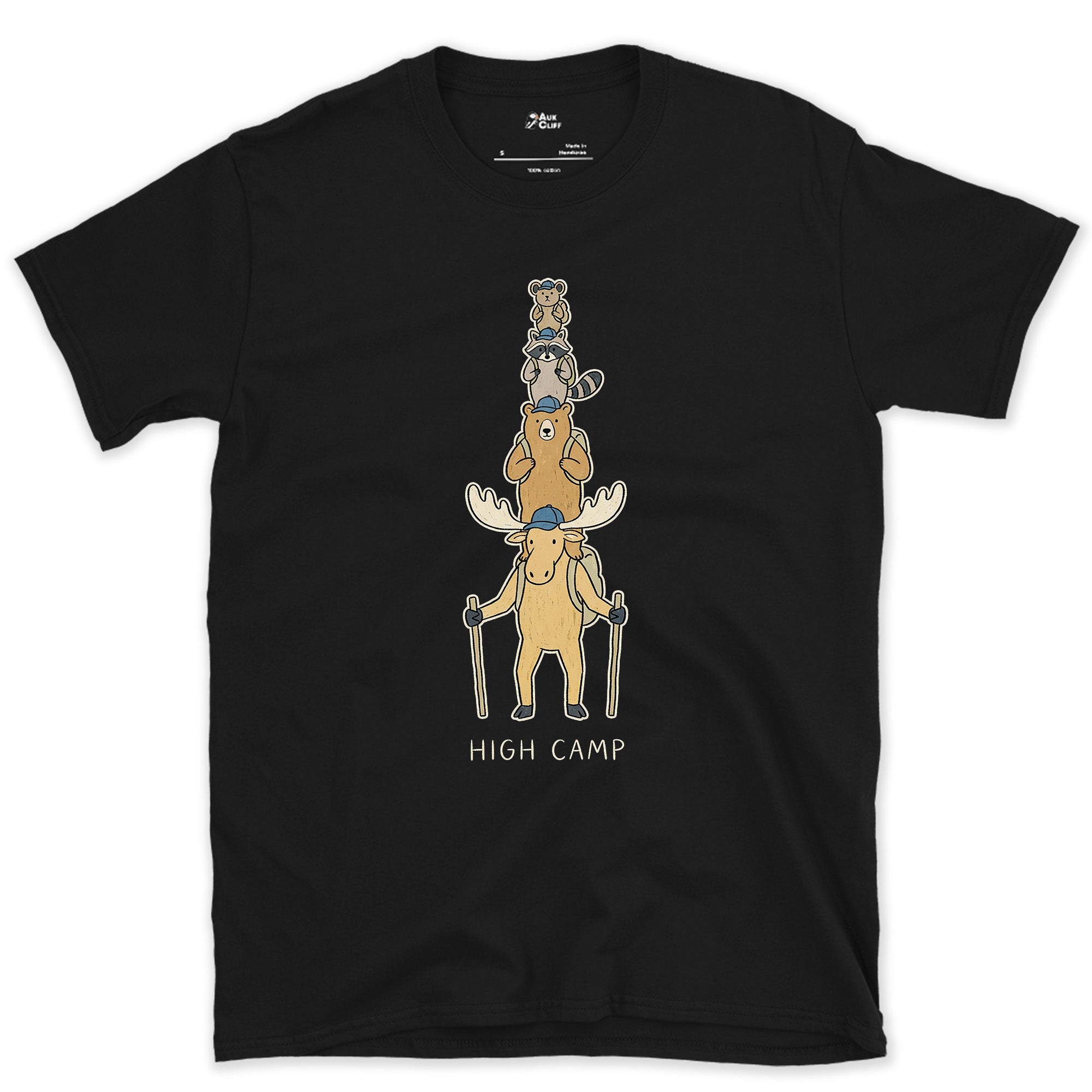 High Camp, Moose Marmot Pika Stack design on a Black Gildan Softstyle t-shirt