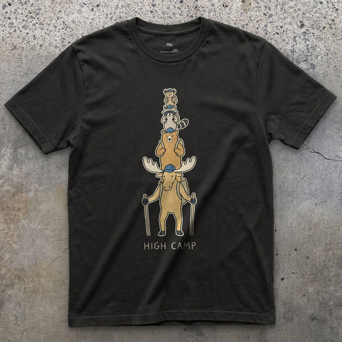 High Camp, Moose Marmot Pika Stack design on a Black Gildan Softstyle t-shirt