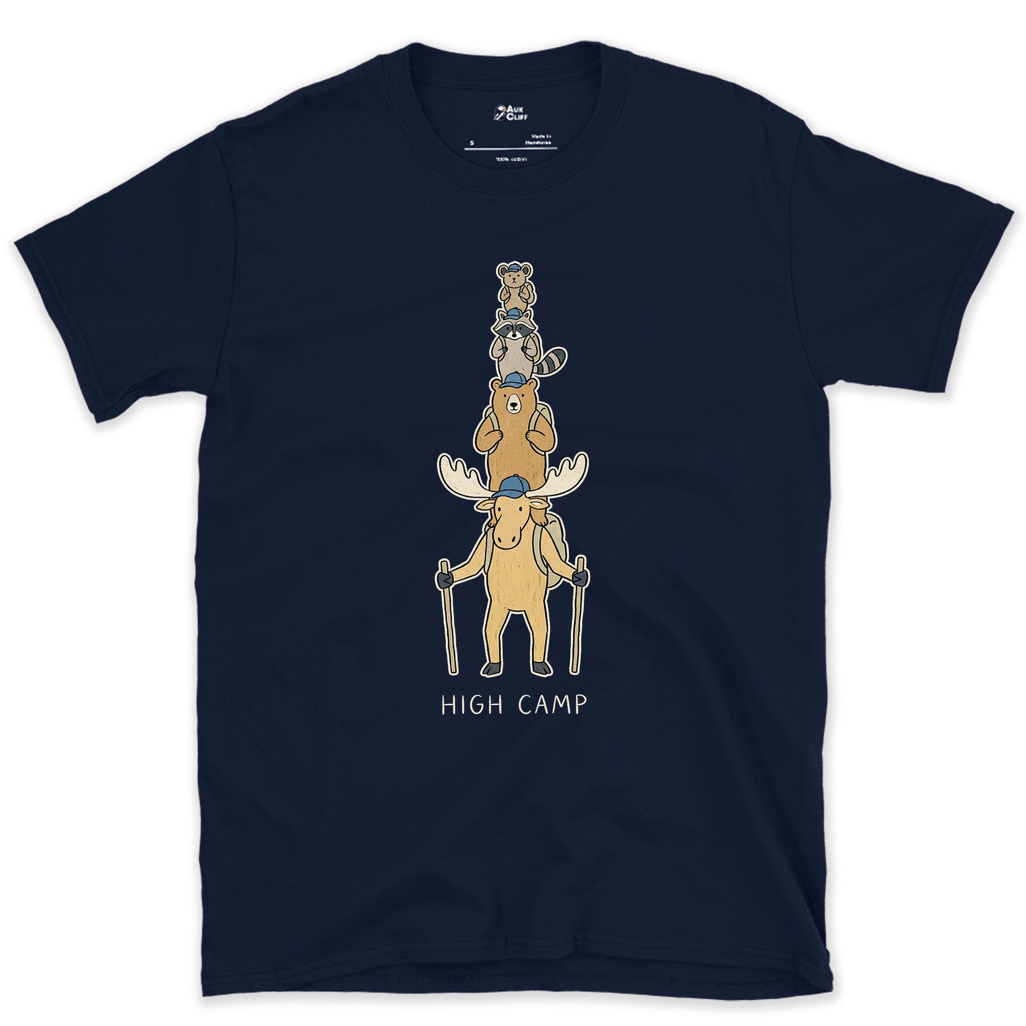 High Camp, Moose Marmot Pika Stack design on a Navy Gildan Softstyle t-shirt