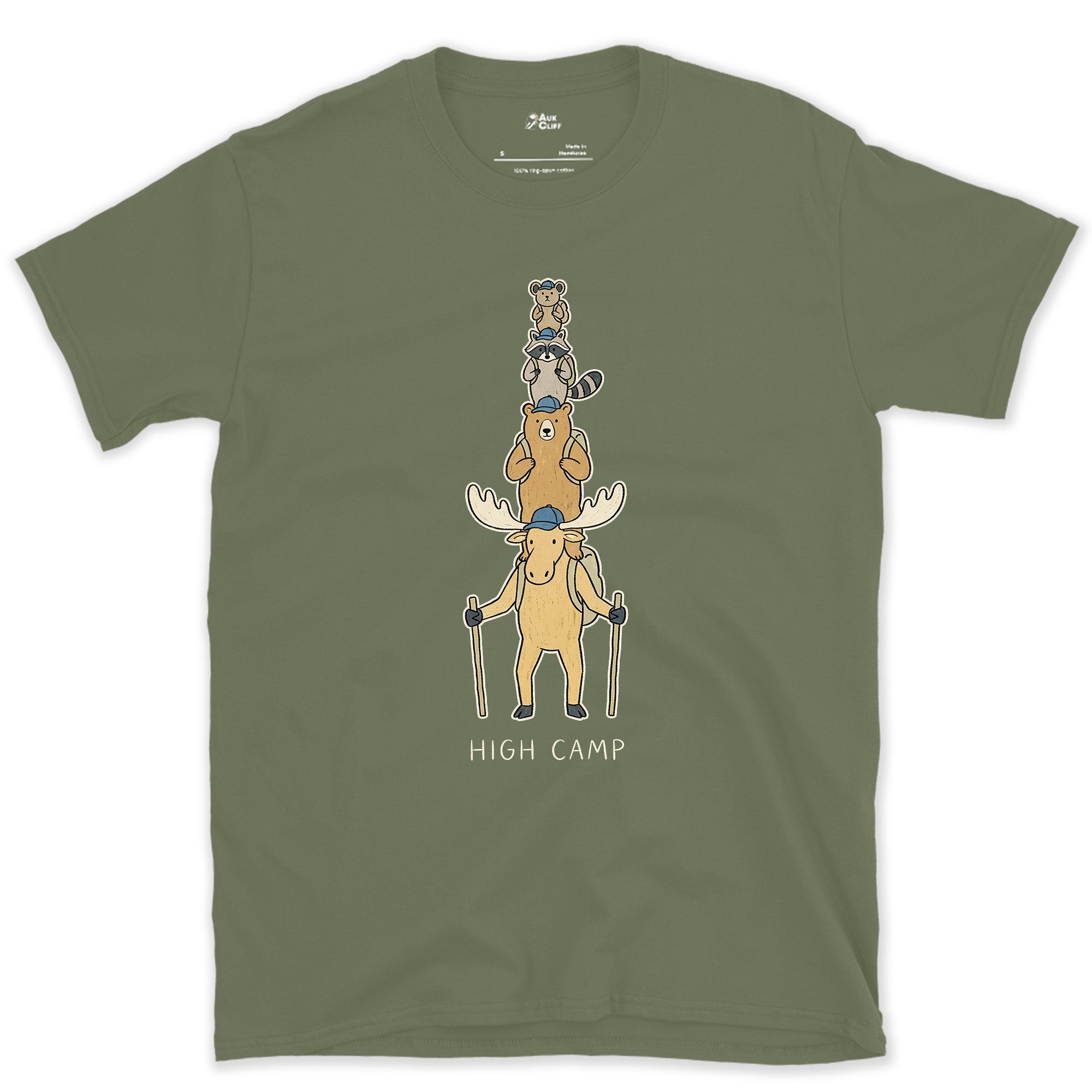 High Camp, Moose Marmot Pika Stack design on a Military Green Gildan Softstyle t-shirt