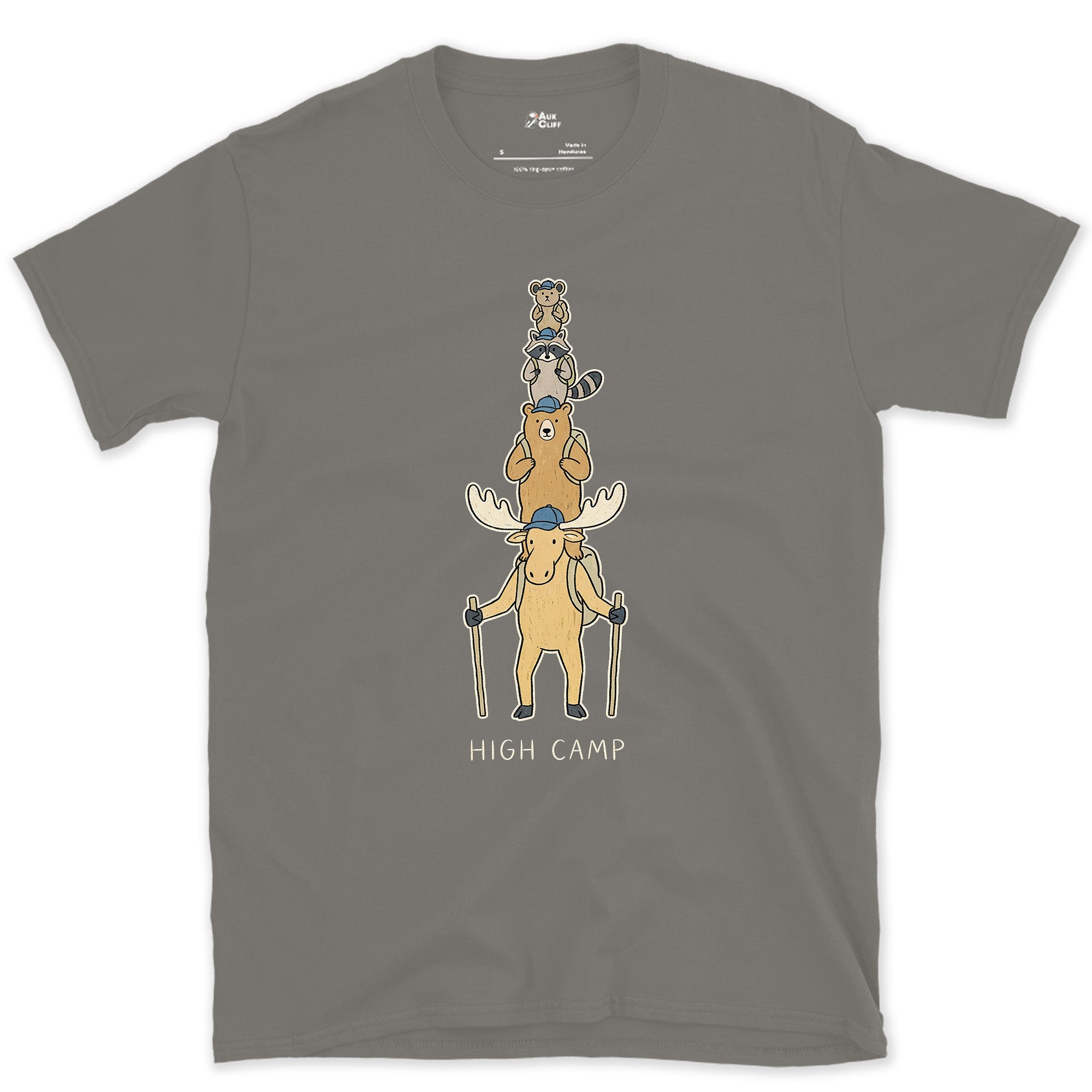 High Camp, Moose Marmot Pika Stack design on a Charcoal Gildan Softstyle t-shirt