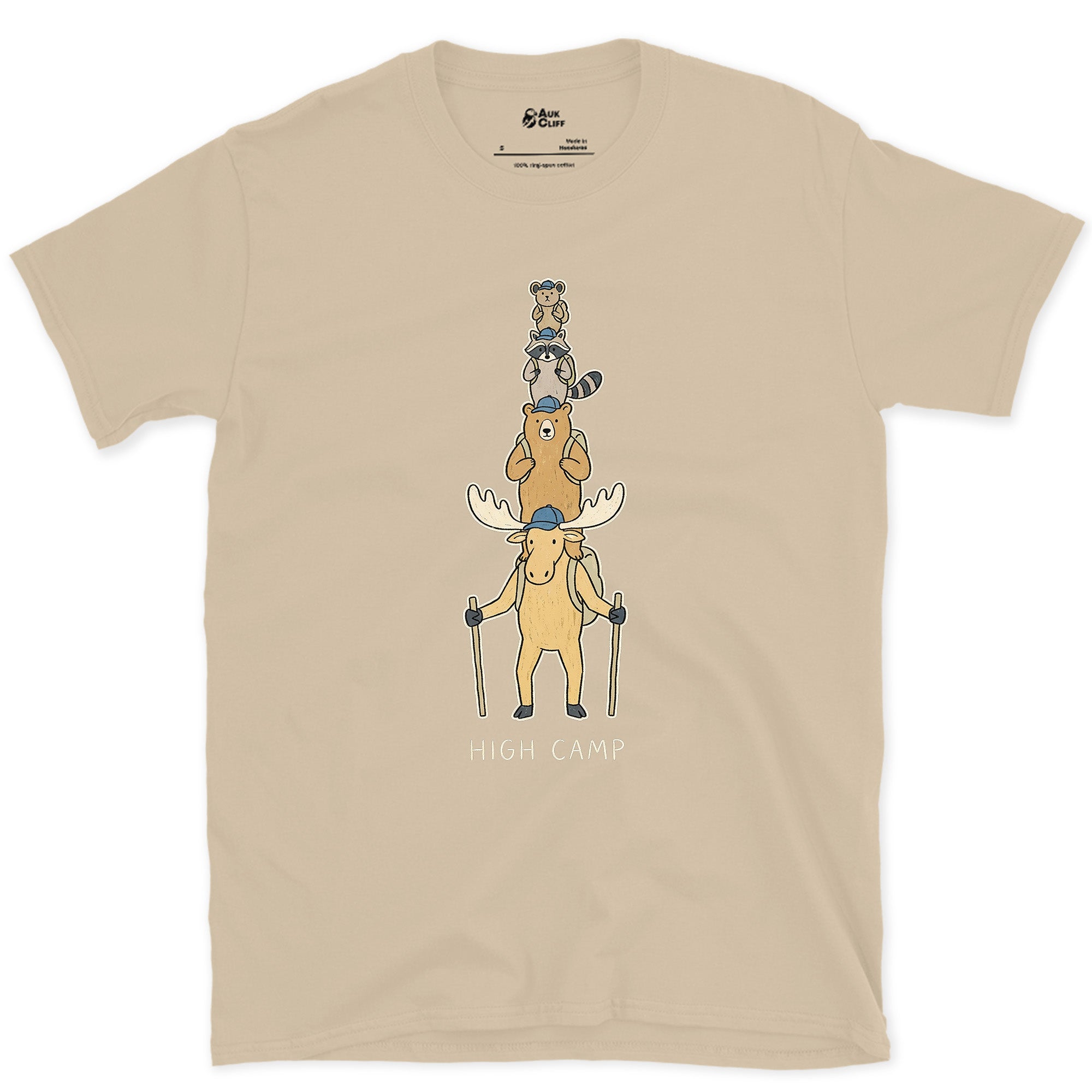 High Camp, Moose Marmot Pika Stack design on a Sand Gildan Softstyle t-shirt