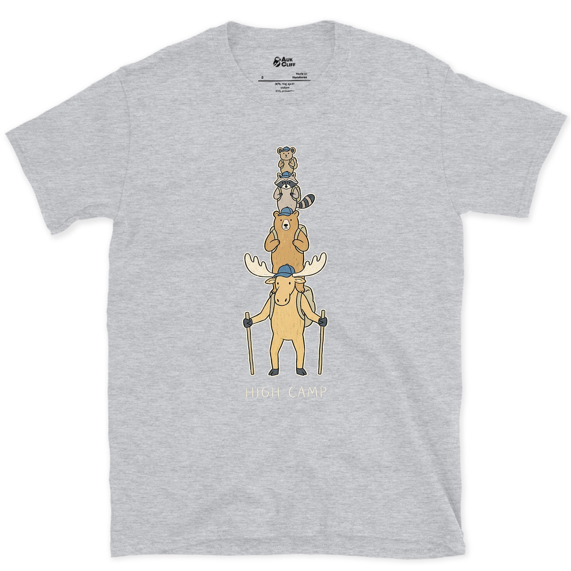 High Camp, Moose Marmot Pika Stack design on a Sport Grey Gildan Softstyle t-shirt
