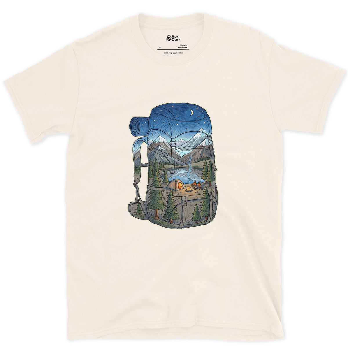 High Camp in the Evening, Rucksack design on a Natural Gildan Softstyle t-shirt