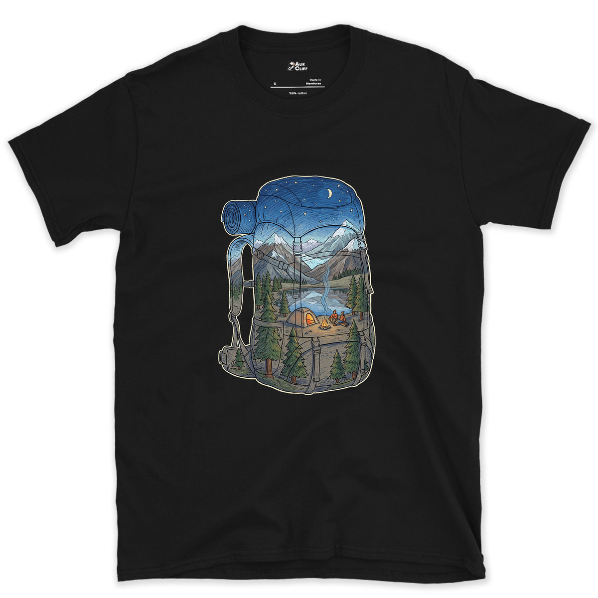 High Camp in the Evening, Rucksack design on a Black Gildan Softstyle t-shirt