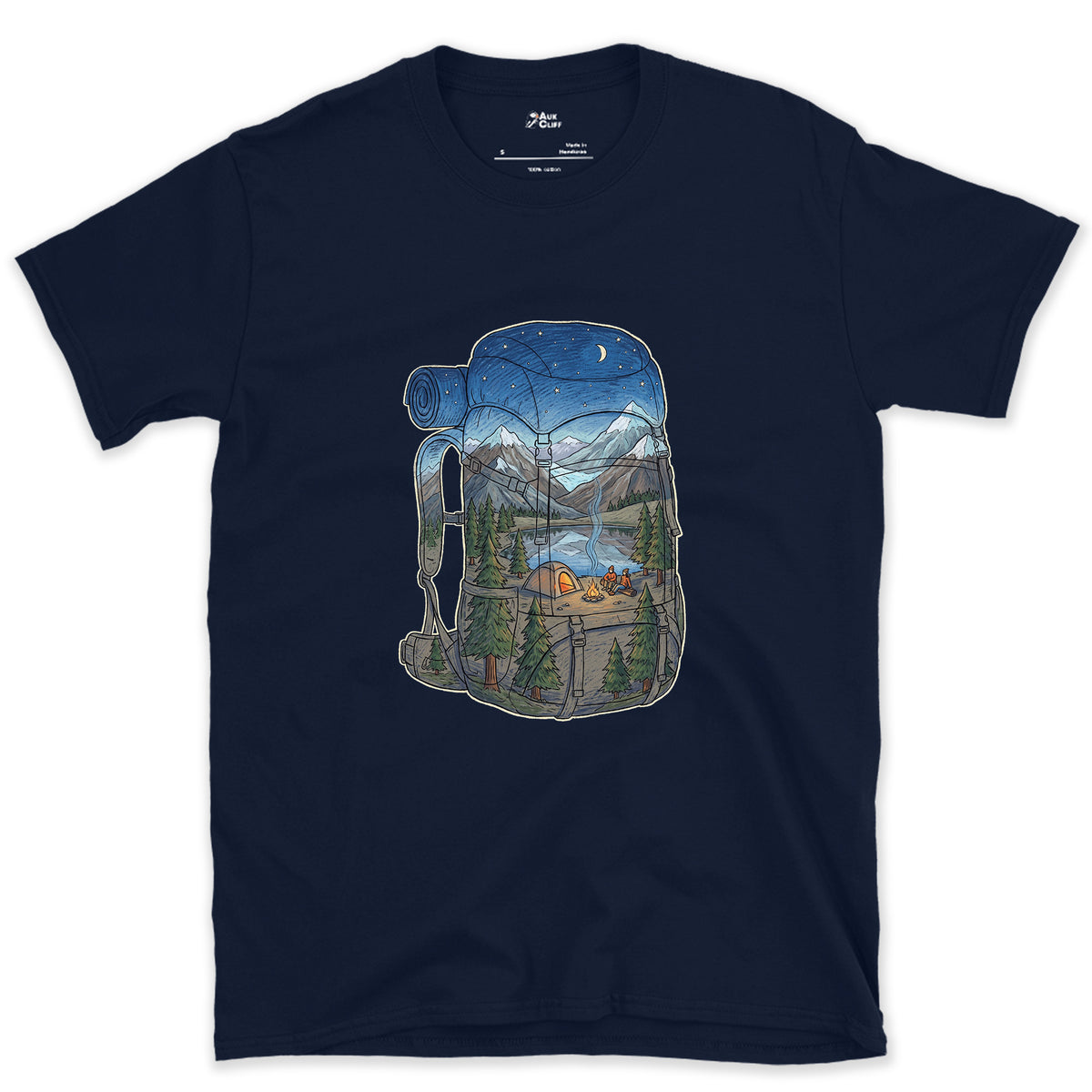 High Camp in the Evening, Rucksack design on a Navy Gildan Softstyle t-shirt