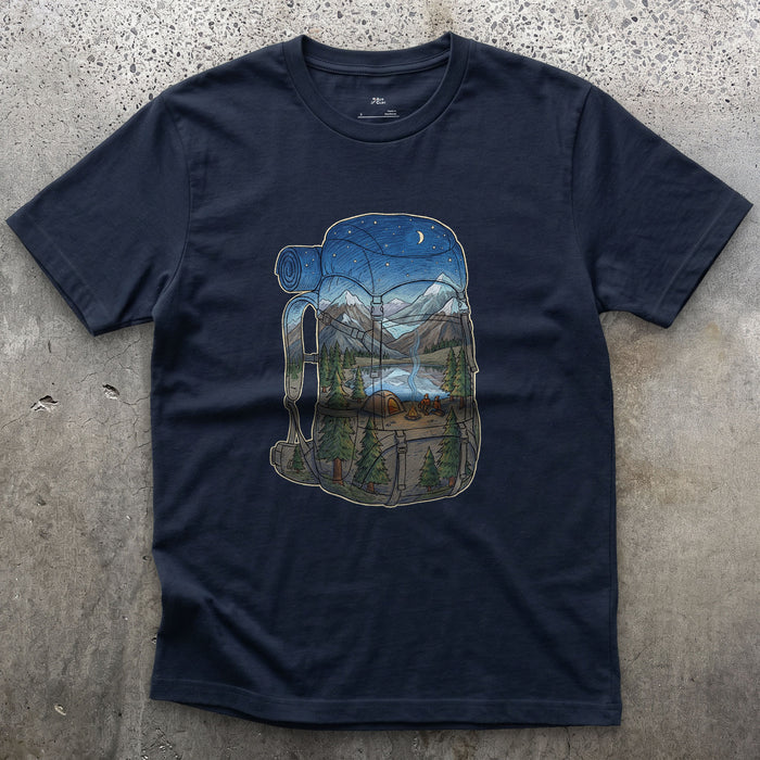High Camp in the Evening, Rucksack design on a Navy Gildan Softstyle t-shirt