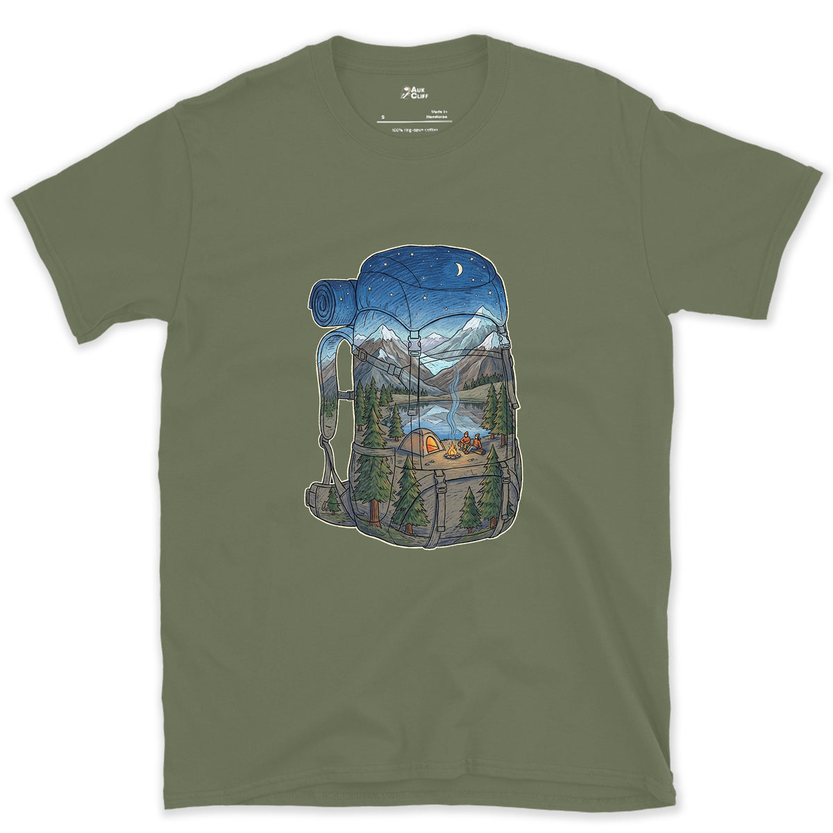 High Camp in the Evening, Rucksack design on a Military Green Gildan Softstyle t-shirt