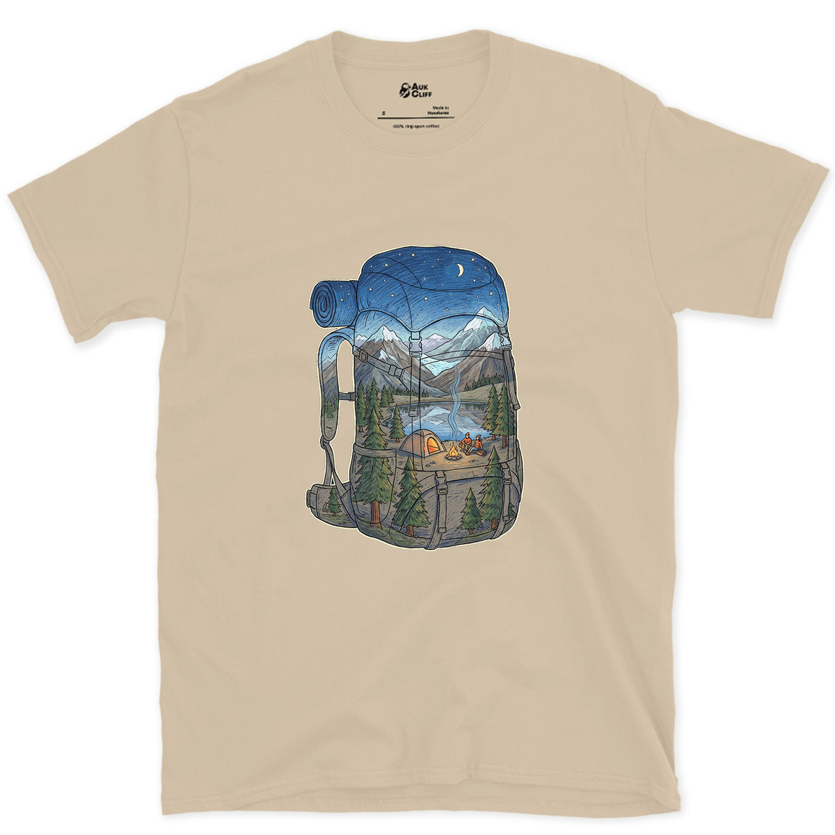 High Camp in the Evening, Rucksack design on a Sand Gildan Softstyle t-shirt