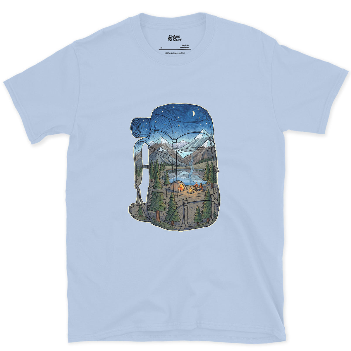 High Camp in the Evening, Rucksack design on a Light Blue Gildan Softstyle t-shirt