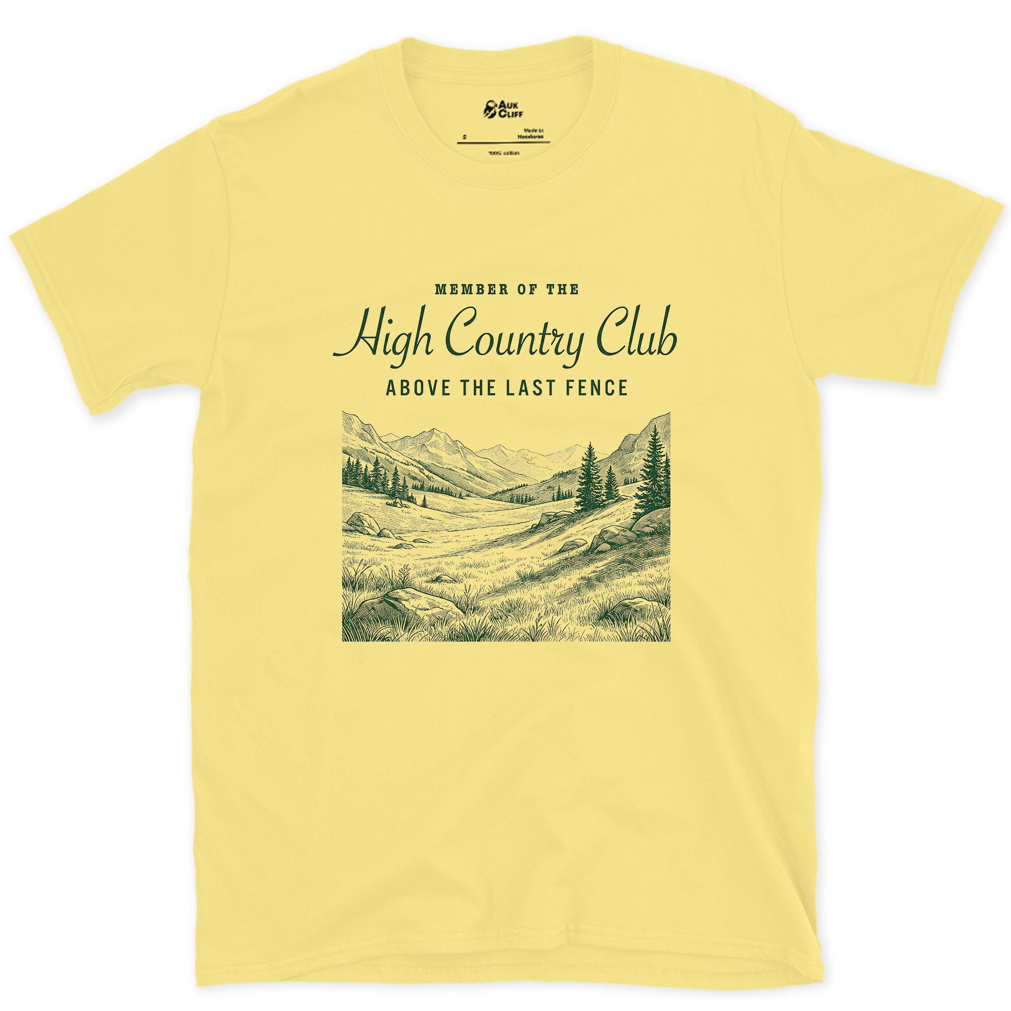 High Country Club, Above the Last Fence design on a Cornsilk Gildan Softstyle t-shirt