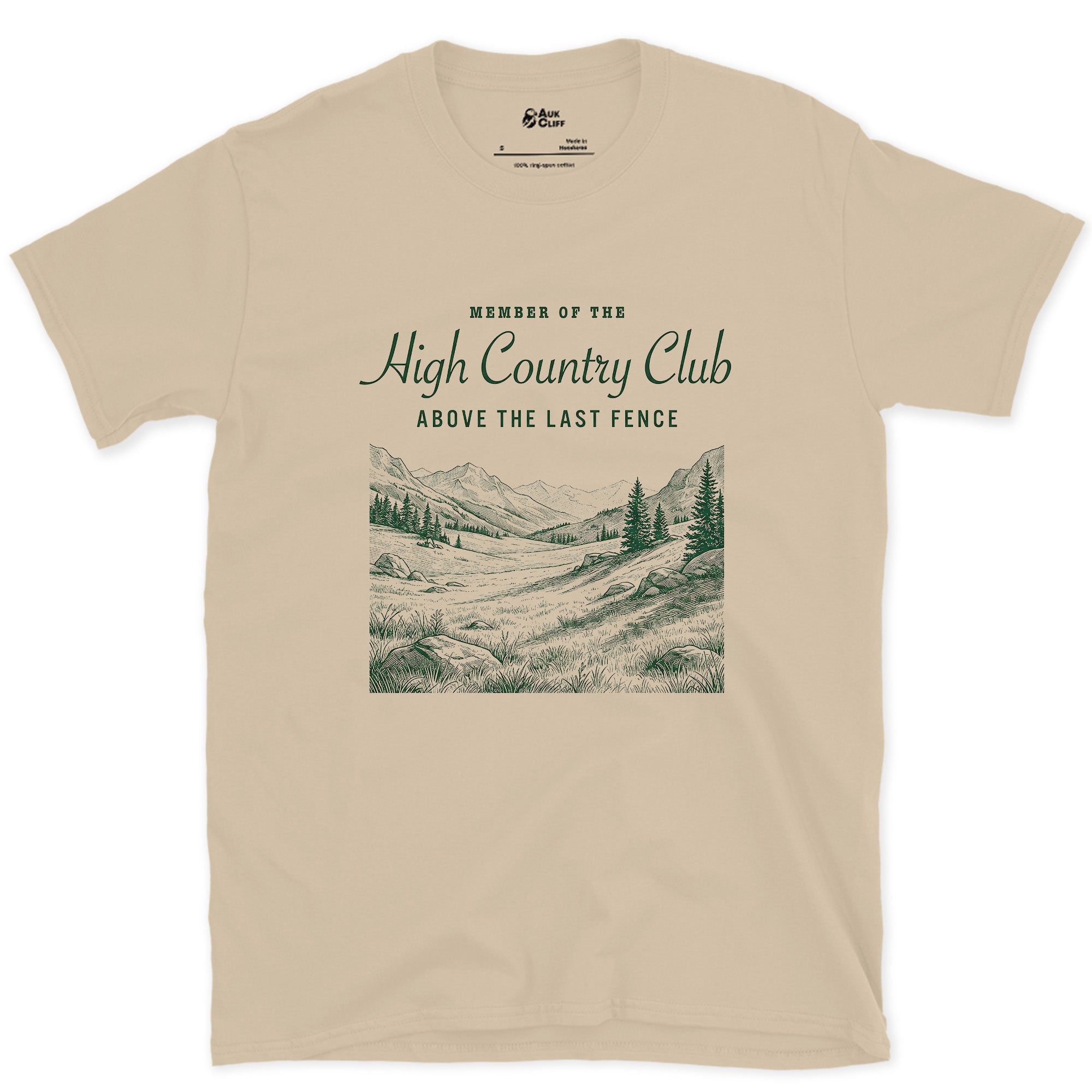 High Country Club, Above the Last Fence design on a Sand Gildan Softstyle t-shirt