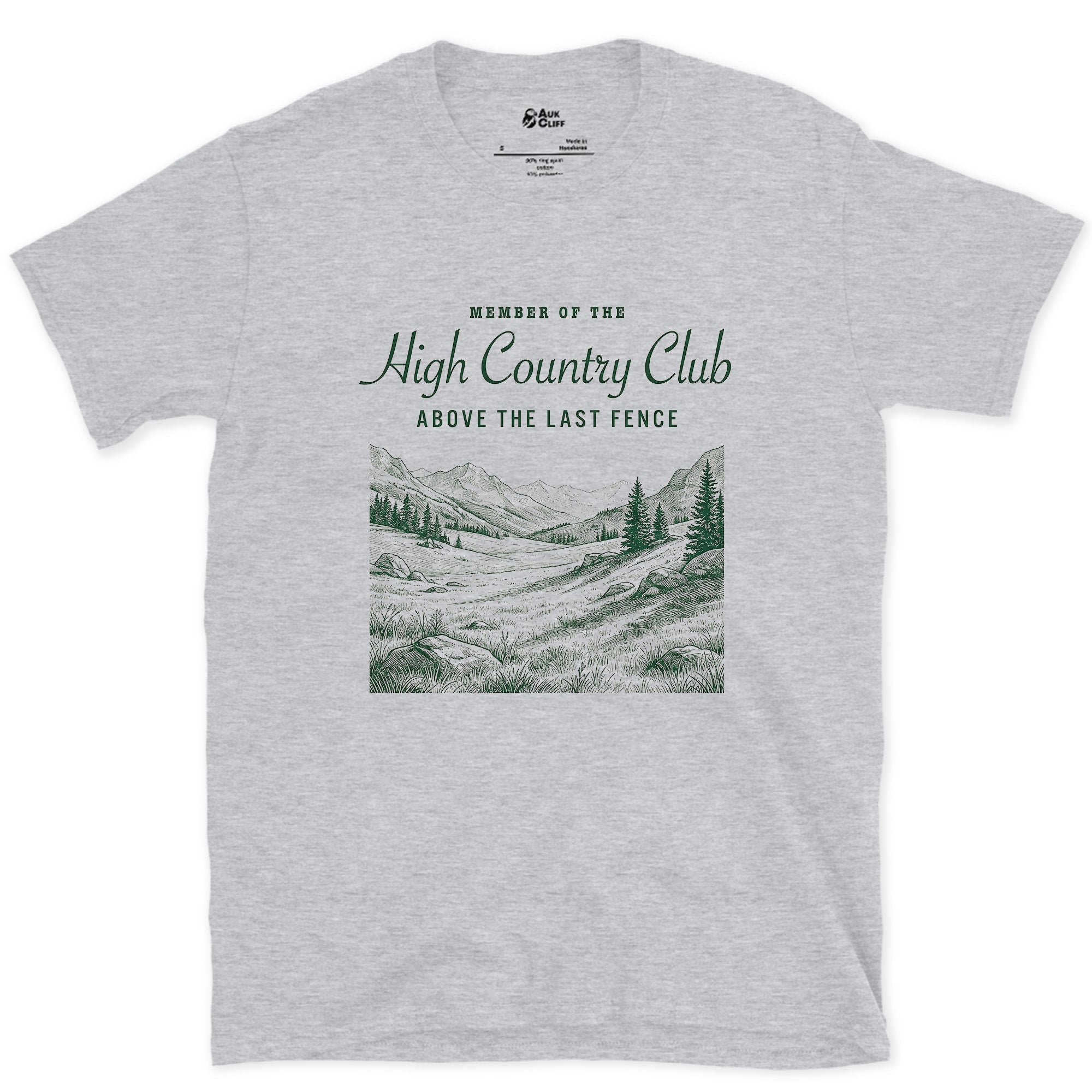 High Country Club, Above the Last Fence design on a Sport Grey Gildan Softstyle t-shirt