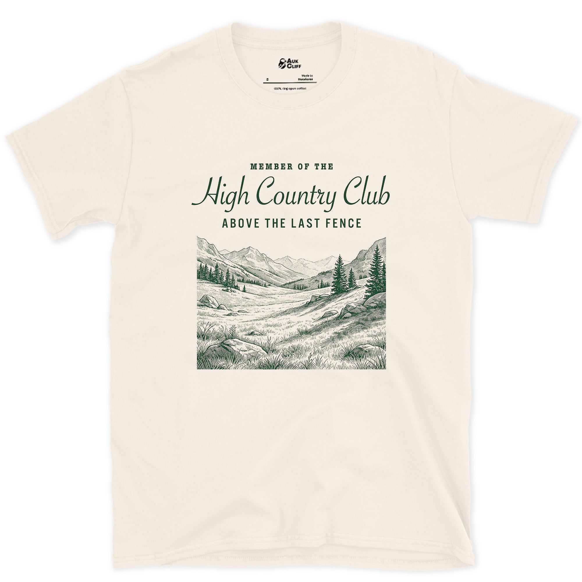 High Country Club, Above the Last Fence design on a Natural Gildan Softstyle t-shirt