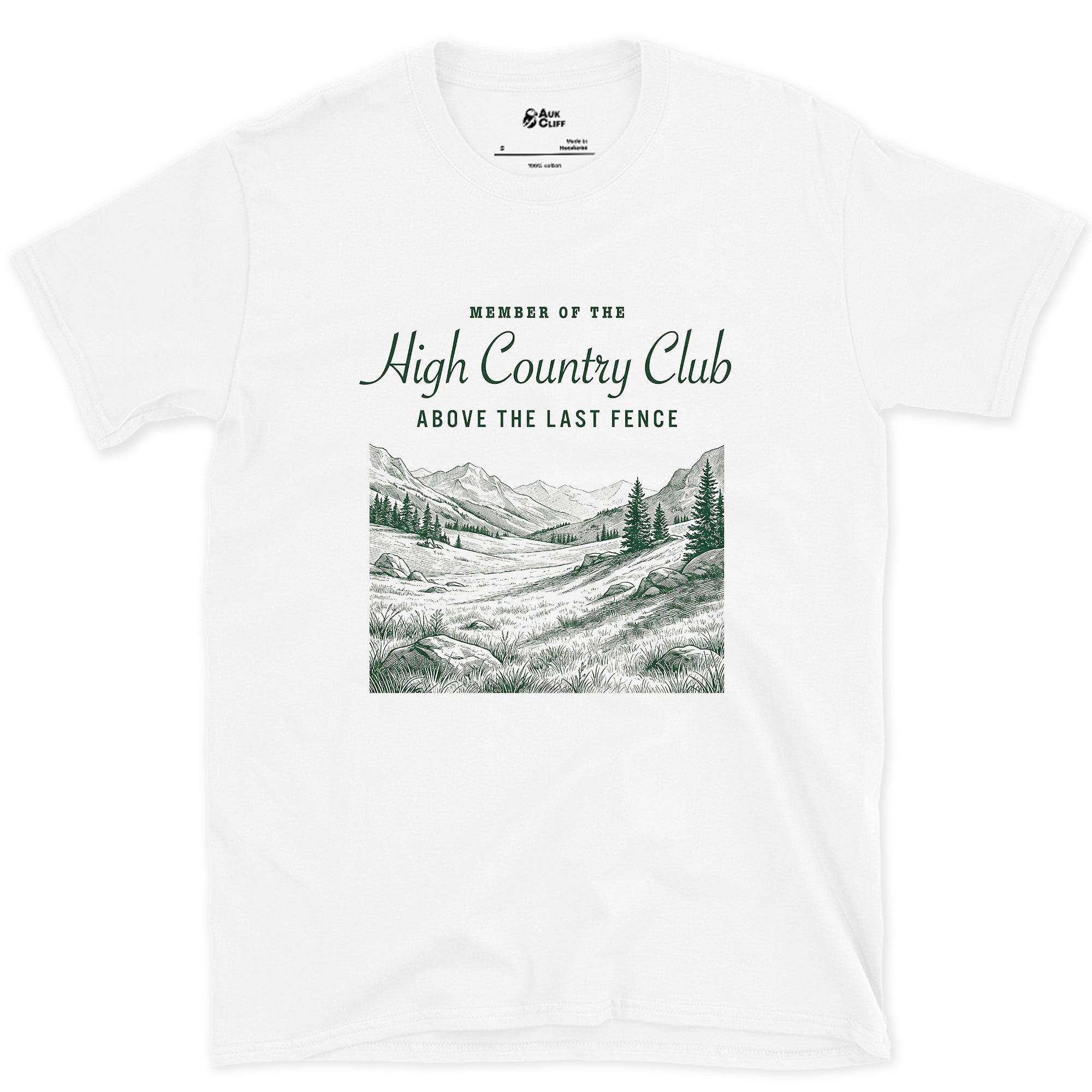High Country Club, Above the Last Fence design on a White Gildan Softstyle t-shirt