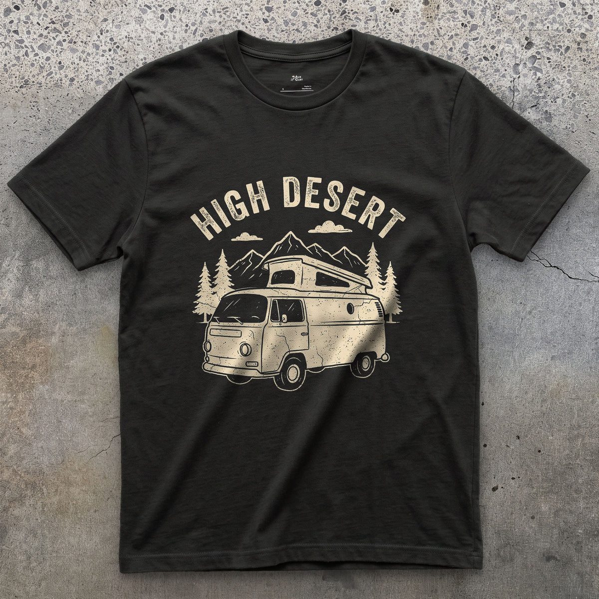 High Desert Arches Above the Camper Van design on a Black Gildan Softstyle t-shirt