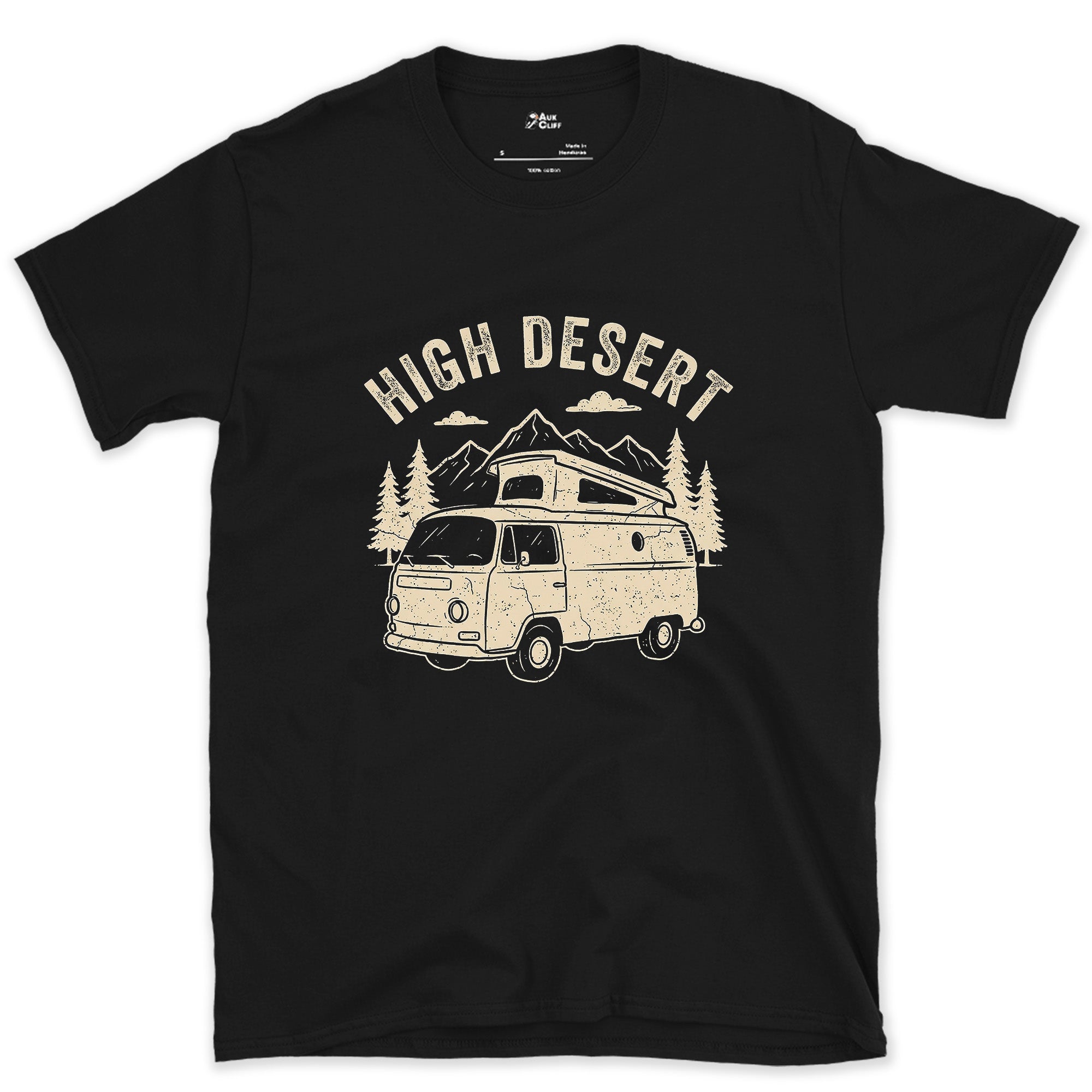 High Desert Arches Above the Camper Van design on a Black Gildan Softstyle t-shirt
