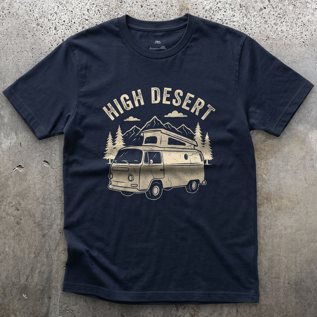 High Desert Arches Above the Camper Van design on a Navy Gildan Softstyle t-shirt