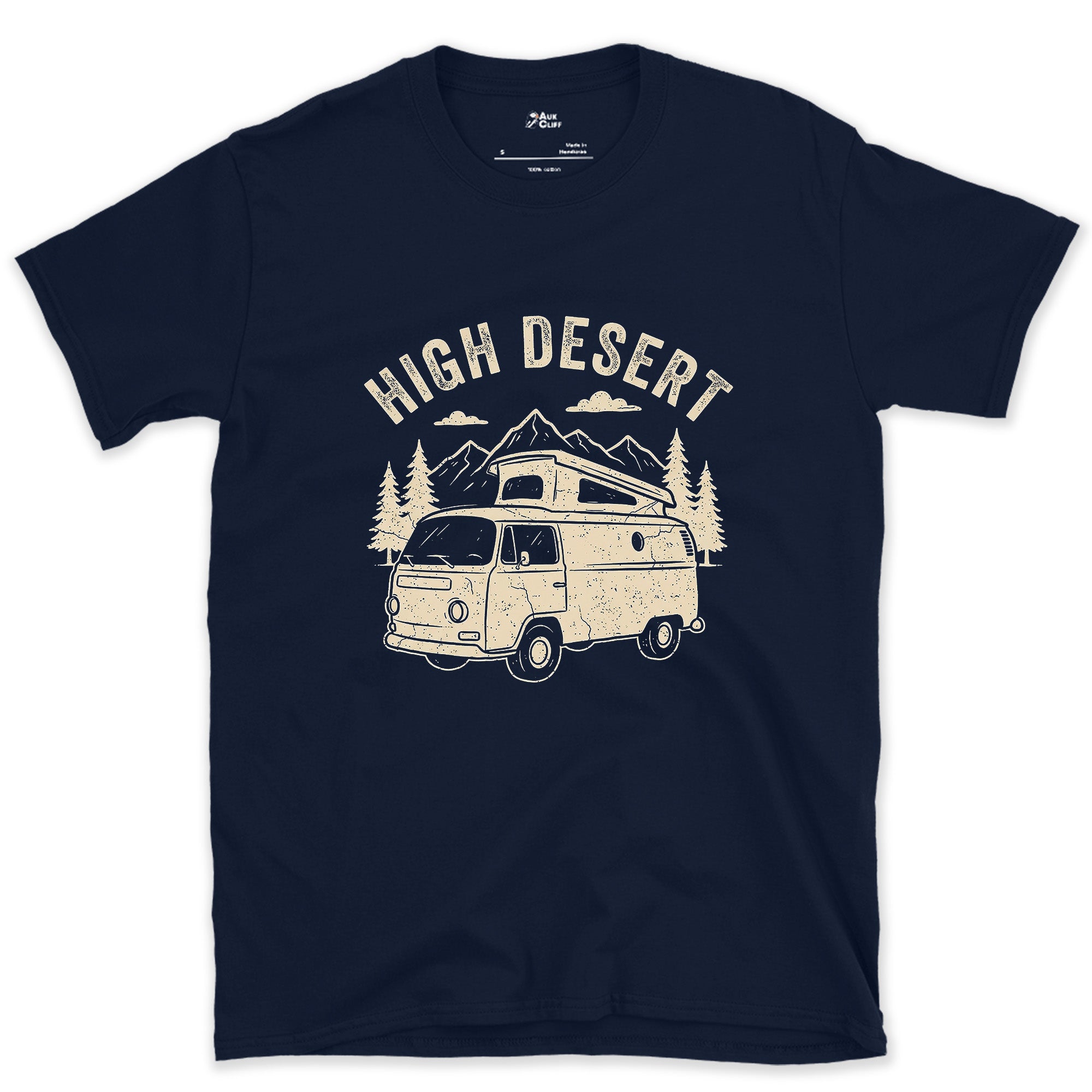 High Desert Arches Above the Camper Van design on a Navy Gildan Softstyle t-shirt