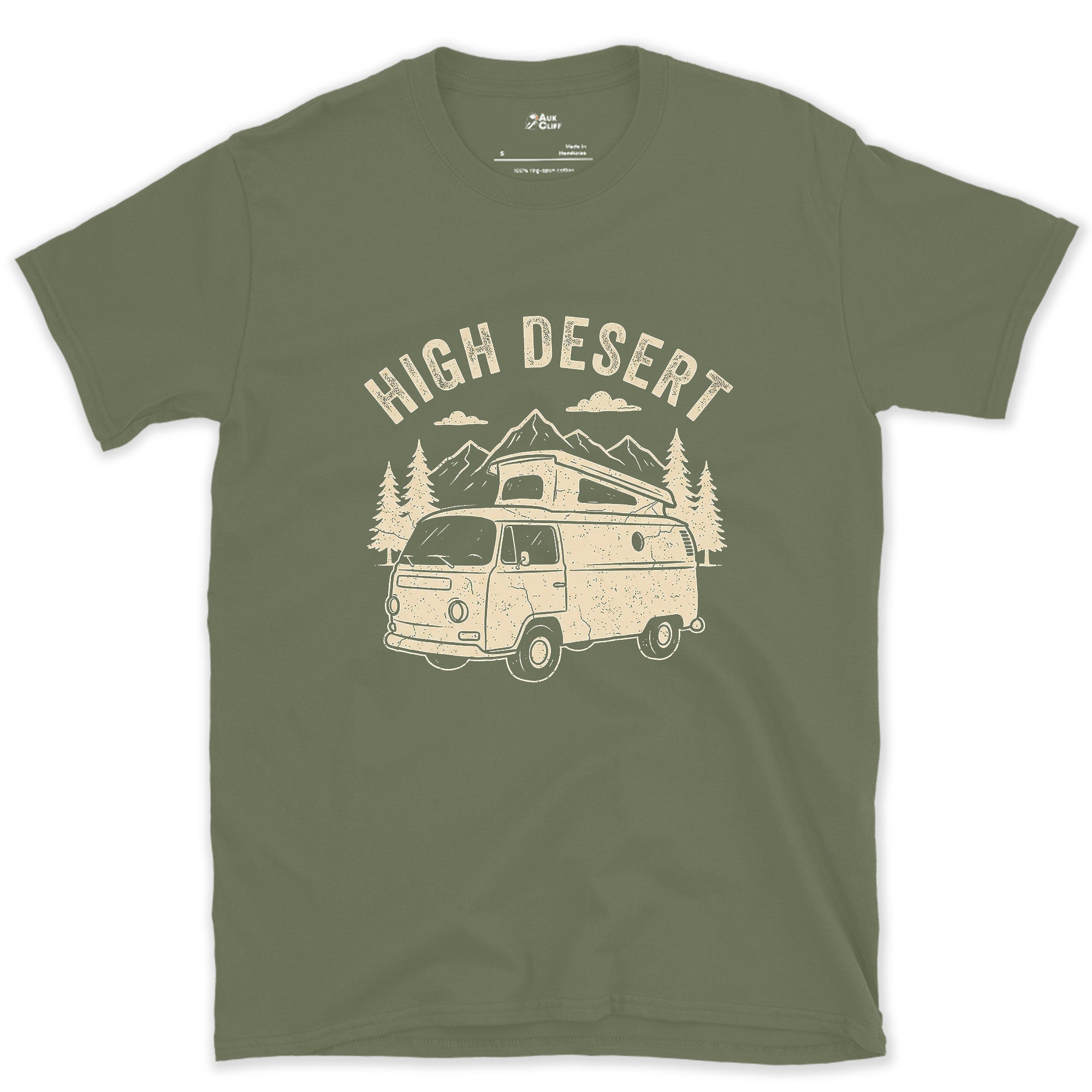 High Desert Arches Above the Camper Van design on a Military Green Gildan Softstyle t-shirt