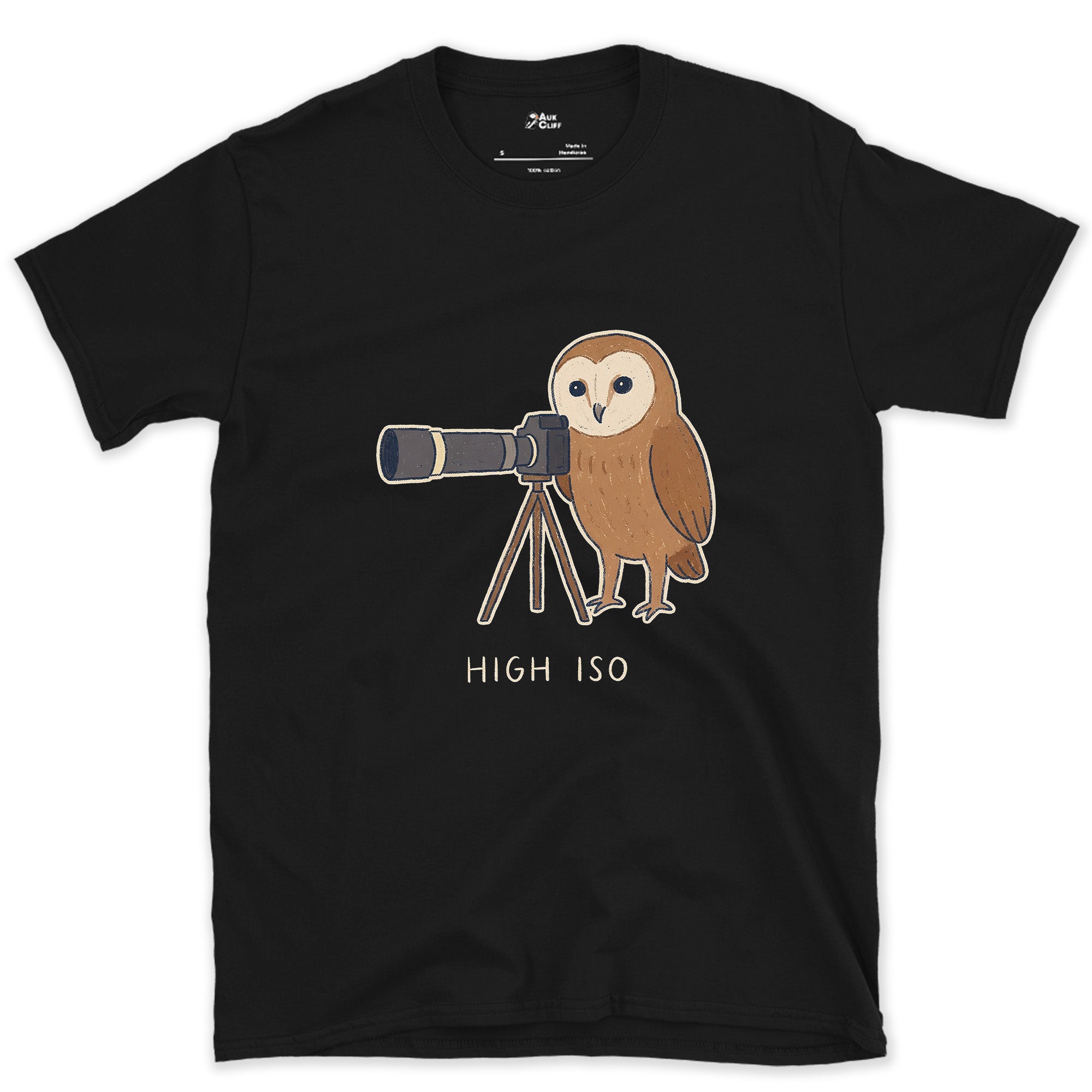 High ISO, the Owl Barely Needed It design on a Black Gildan Softstyle t-shirt