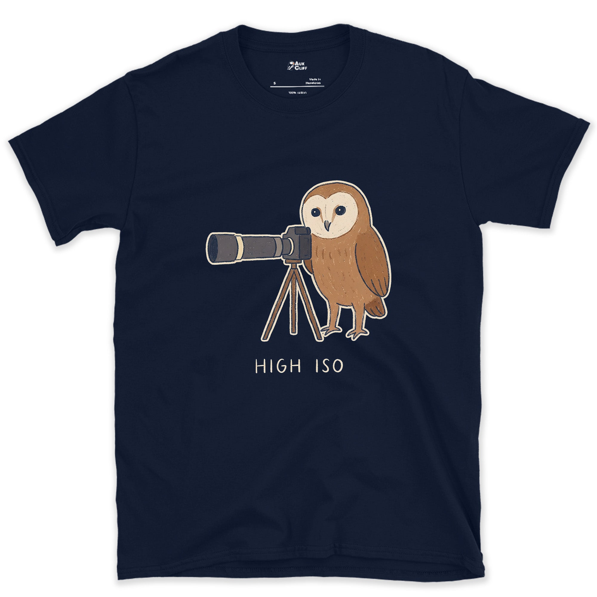 High ISO, the Owl Barely Needed It design on a Navy Gildan Softstyle t-shirt