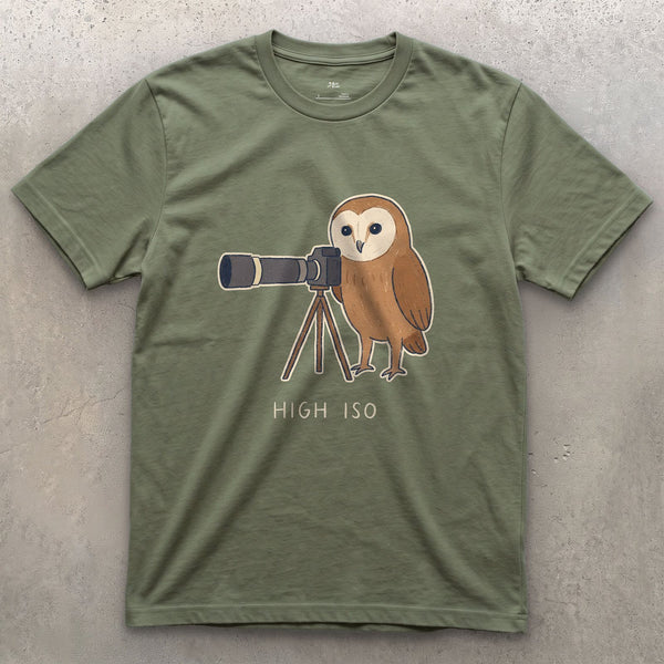 High ISO, the Owl Barely Needed It design on a Military Green Gildan Softstyle t-shirt