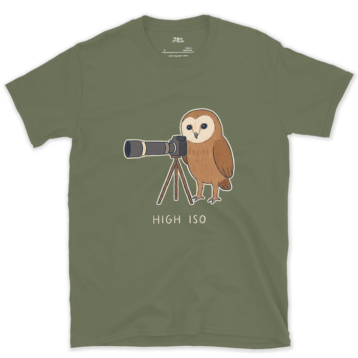 High ISO, the Owl Barely Needed It design on a Military Green Gildan Softstyle t-shirt