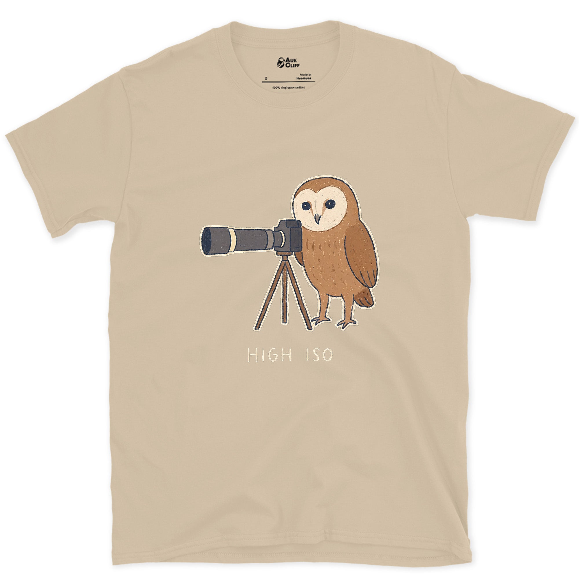 High ISO, the Owl Barely Needed It design on a Sand Gildan Softstyle t-shirt