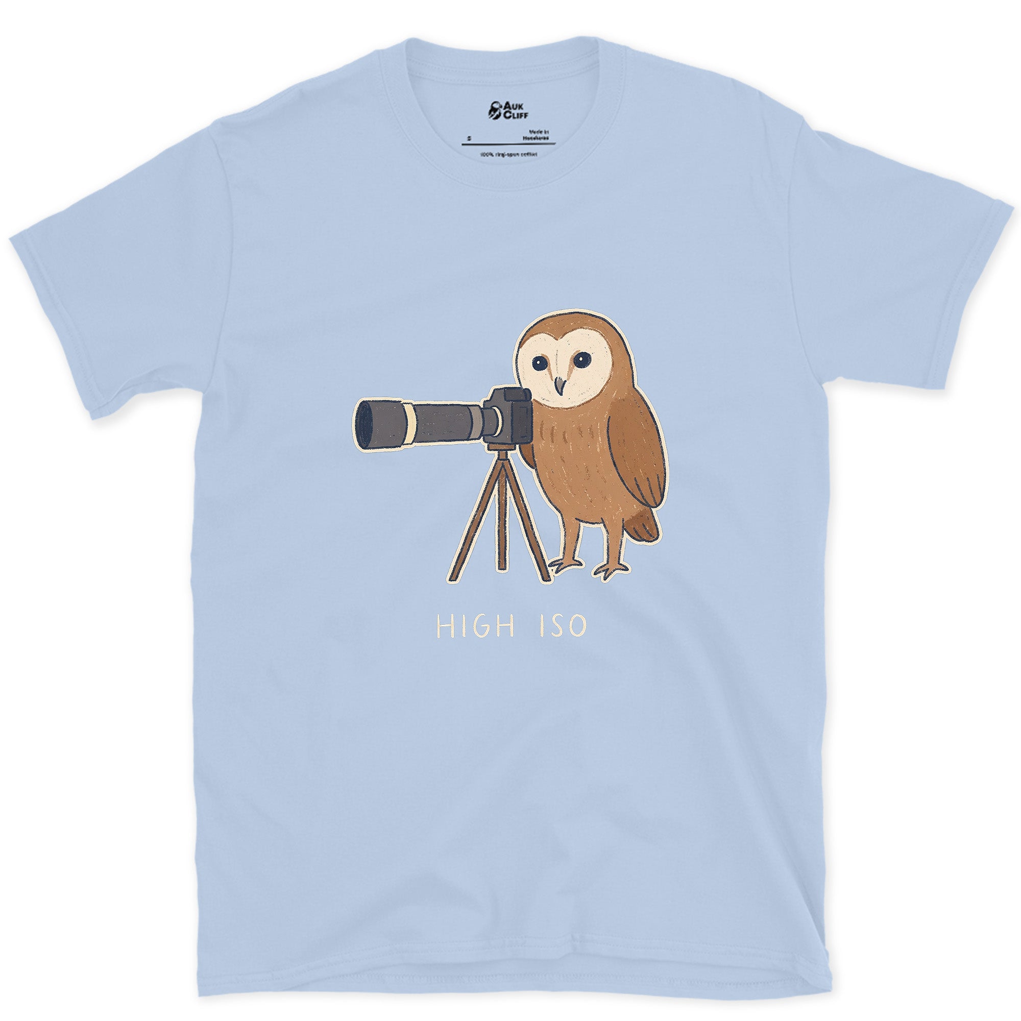 High ISO, the Owl Barely Needed It design on a Light Blue Gildan Softstyle t-shirt
