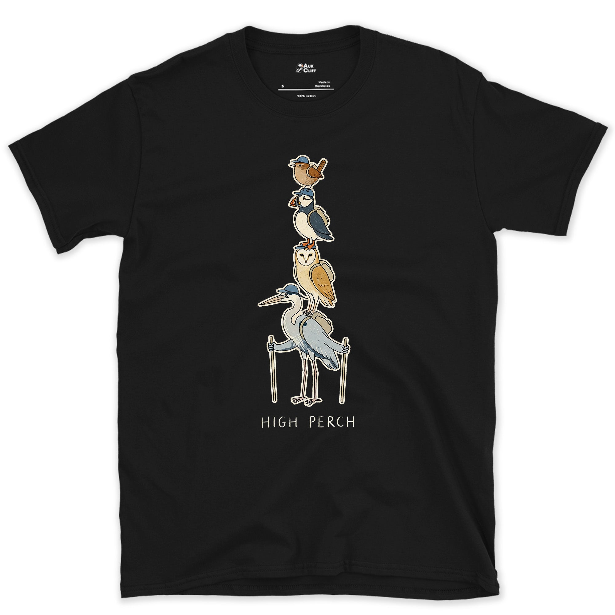 High Perch, Birds Stacked on Trekking Poles design on a Black Gildan Softstyle t-shirt