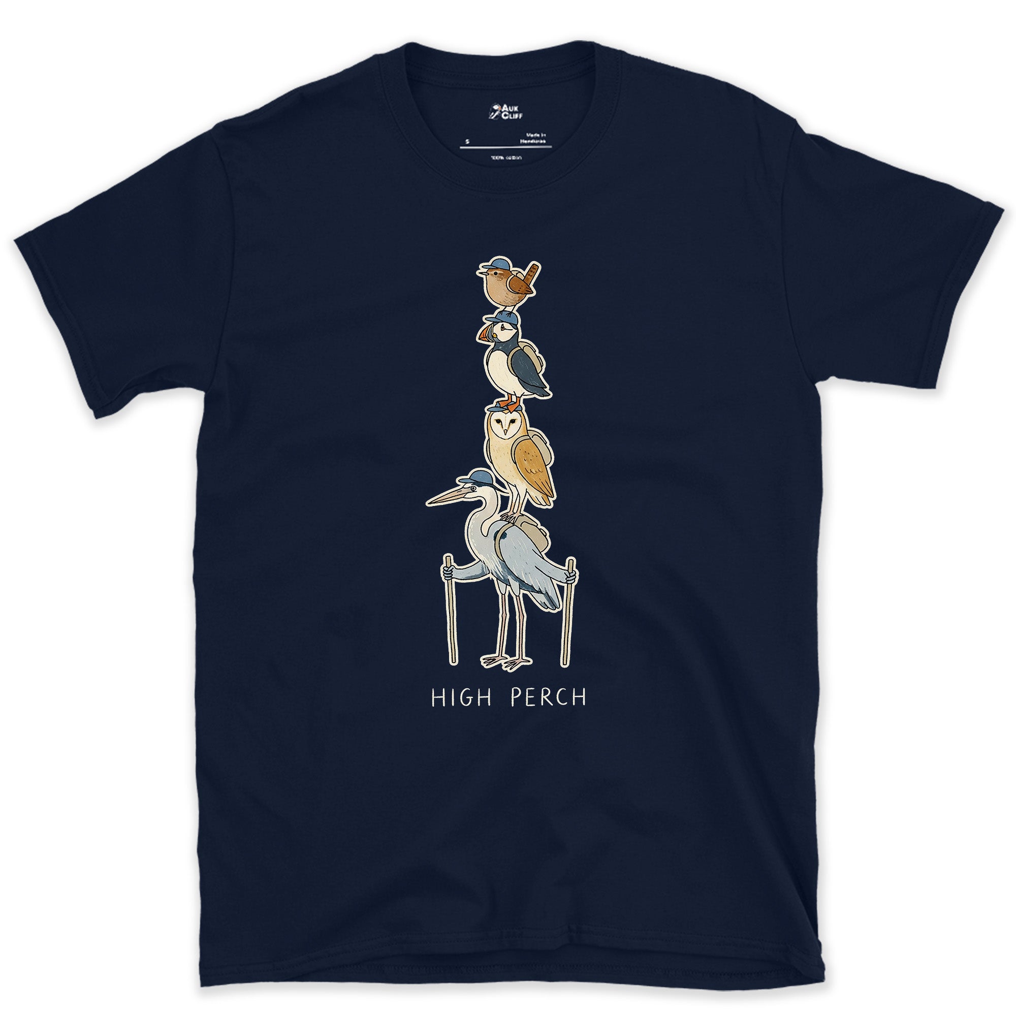 High Perch, Birds Stacked on Trekking Poles design on a Navy Gildan Softstyle t-shirt