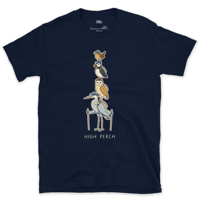 High Perch, Birds Stacked on Trekking Poles design on a Navy Gildan Softstyle t-shirt