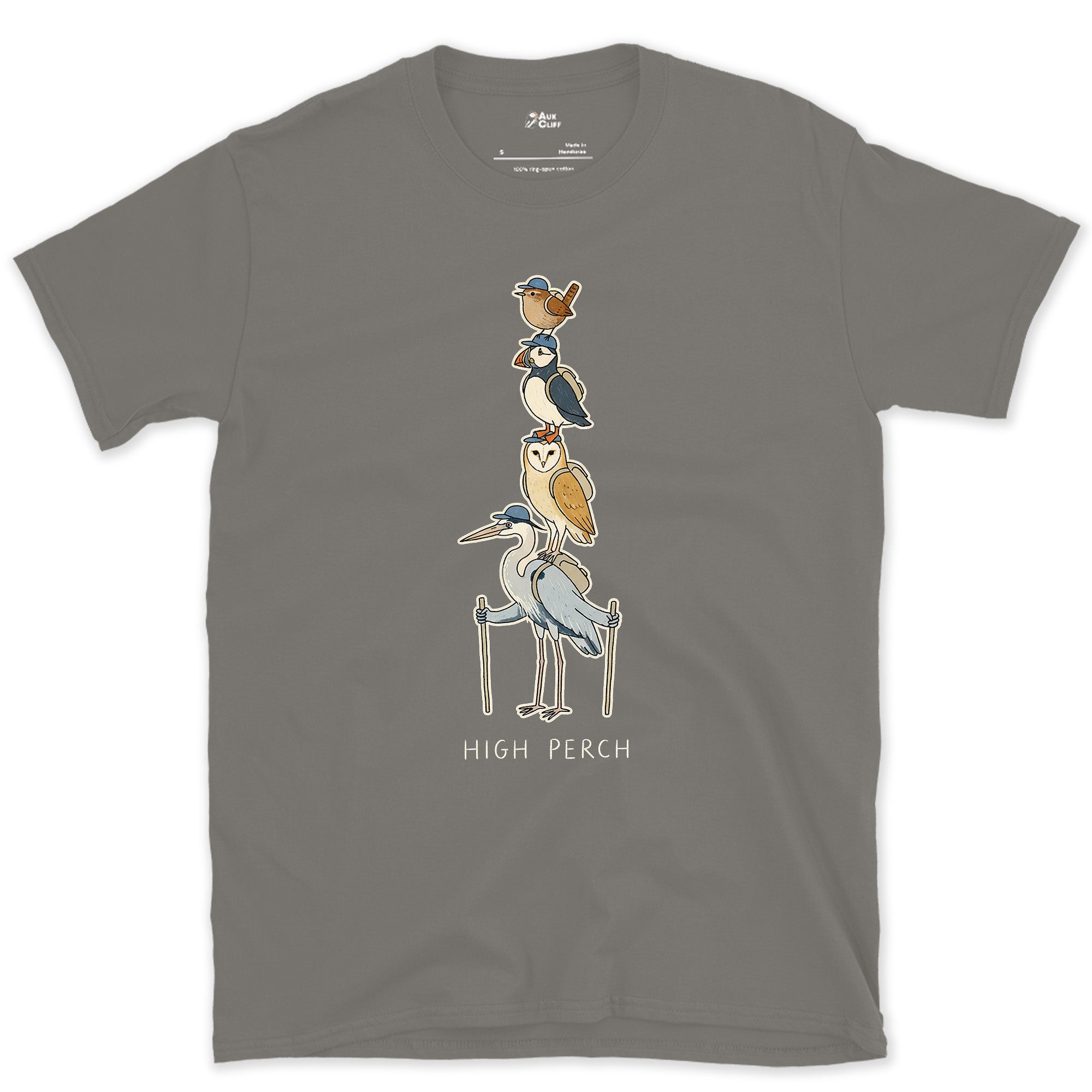 High Perch, Birds Stacked on Trekking Poles design on a Charcoal Gildan Softstyle t-shirt