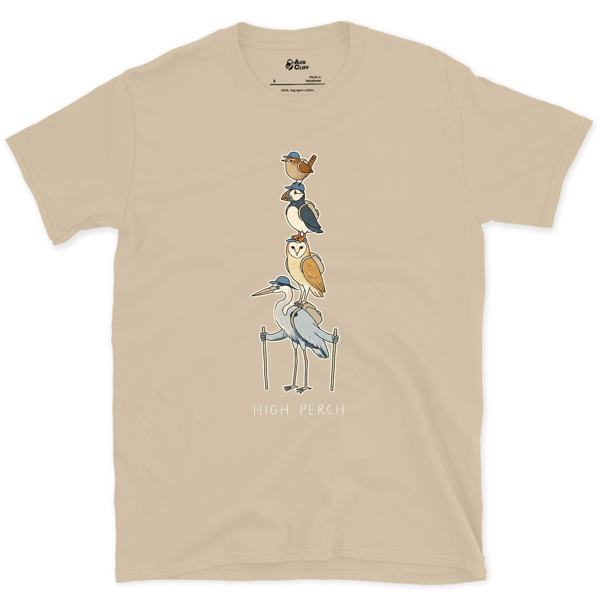 High Perch, Birds Stacked on Trekking Poles design on a Sand Gildan Softstyle t-shirt