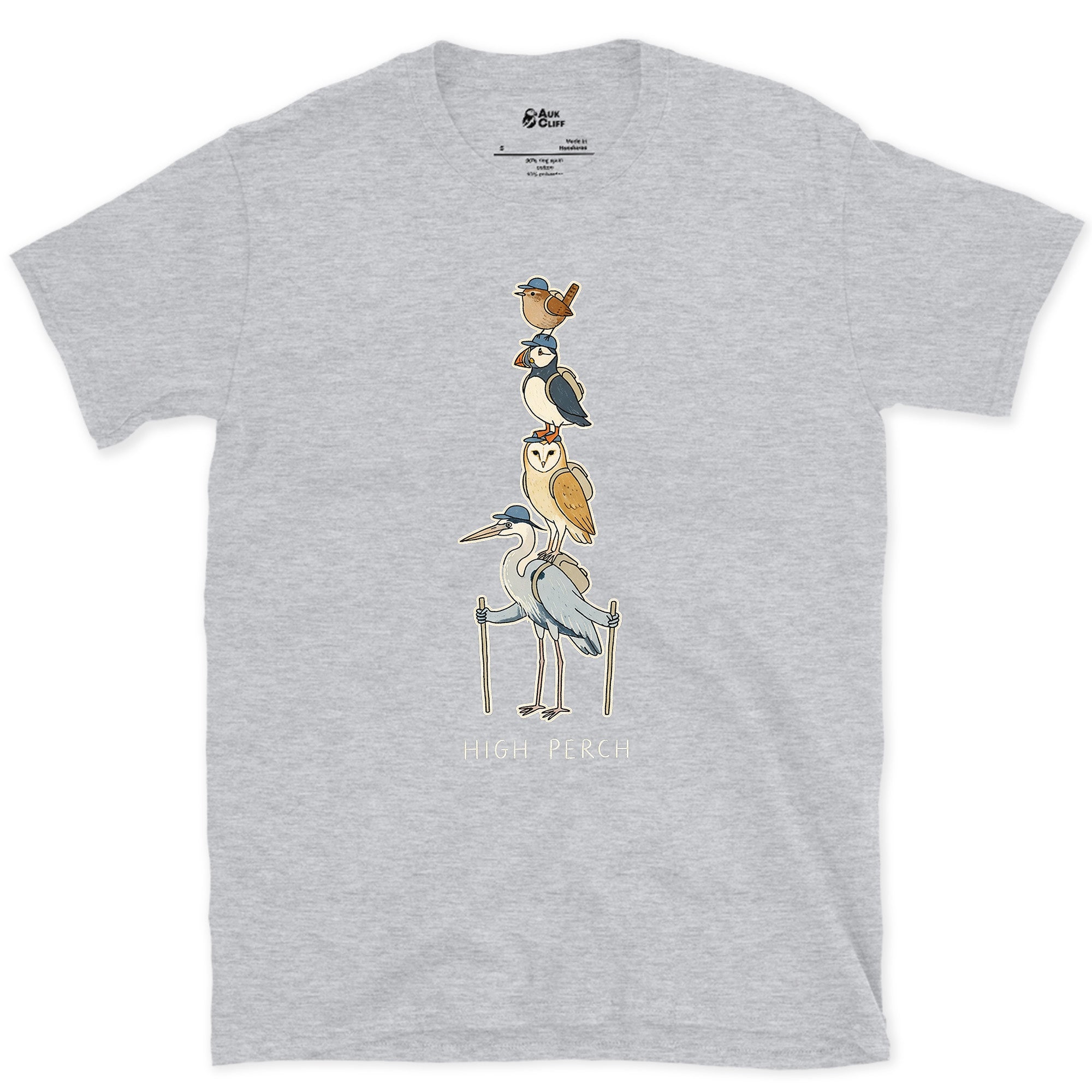High Perch, Birds Stacked on Trekking Poles design on a Sport Grey Gildan Softstyle t-shirt