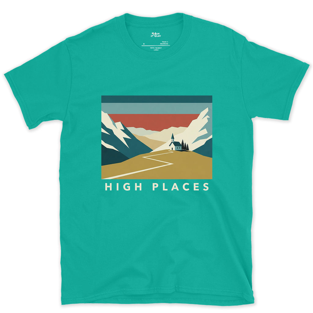 High Places, Chapel on the Mountain Path design on a Jade Dome Gildan Softstyle t-shirt