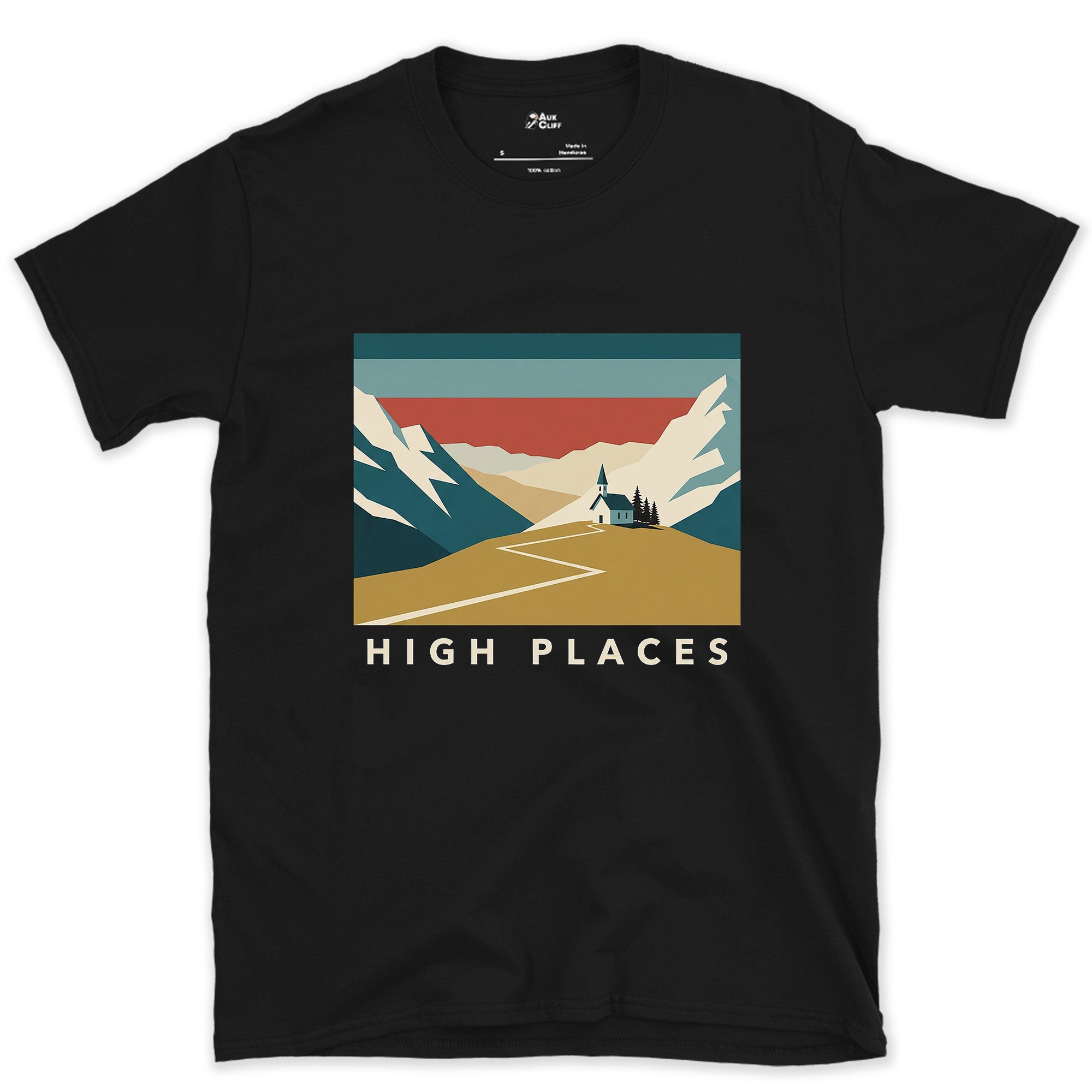 High Places, Chapel on the Mountain Path design on a Black Gildan Softstyle t-shirt
