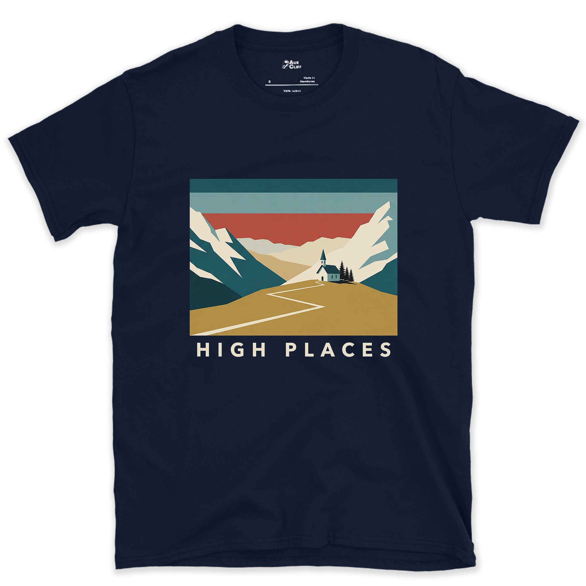 High Places, Chapel on the Mountain Path design on a Navy Gildan Softstyle t-shirt