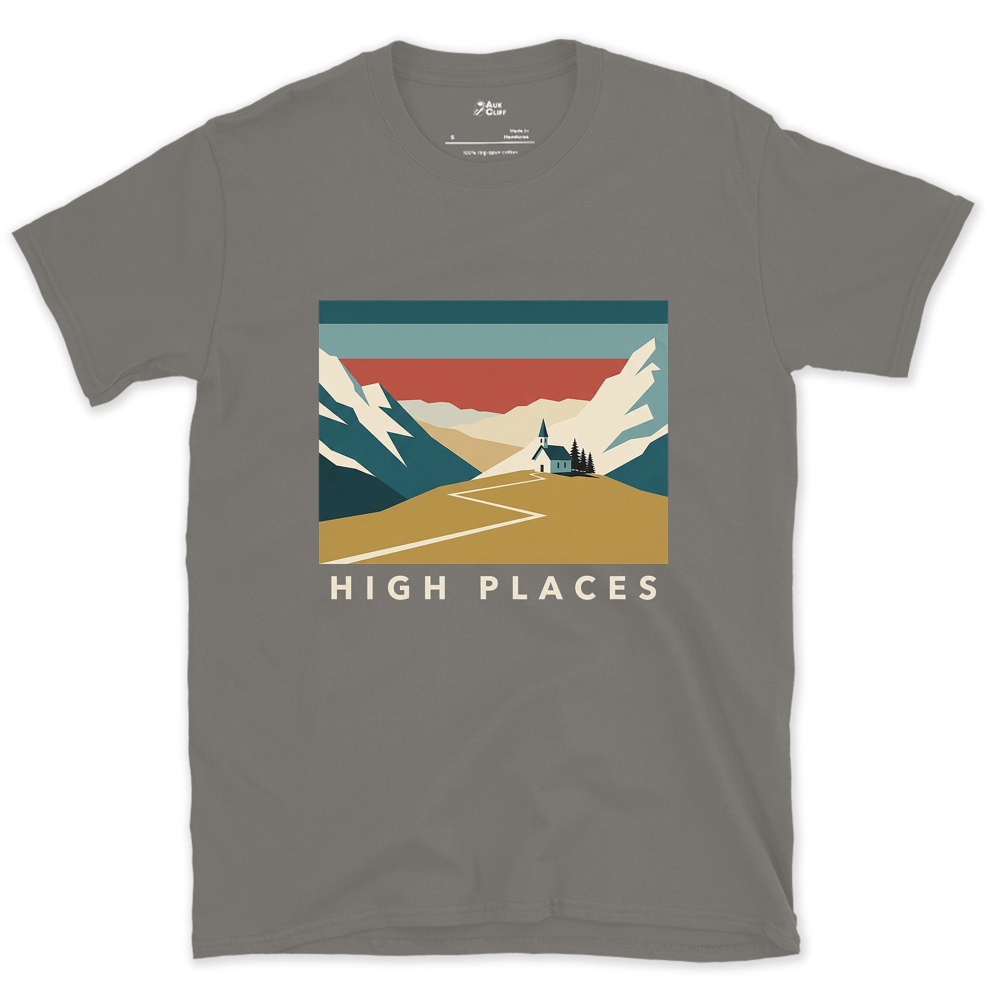 High Places, Chapel on the Mountain Path design on a Charcoal Gildan Softstyle t-shirt