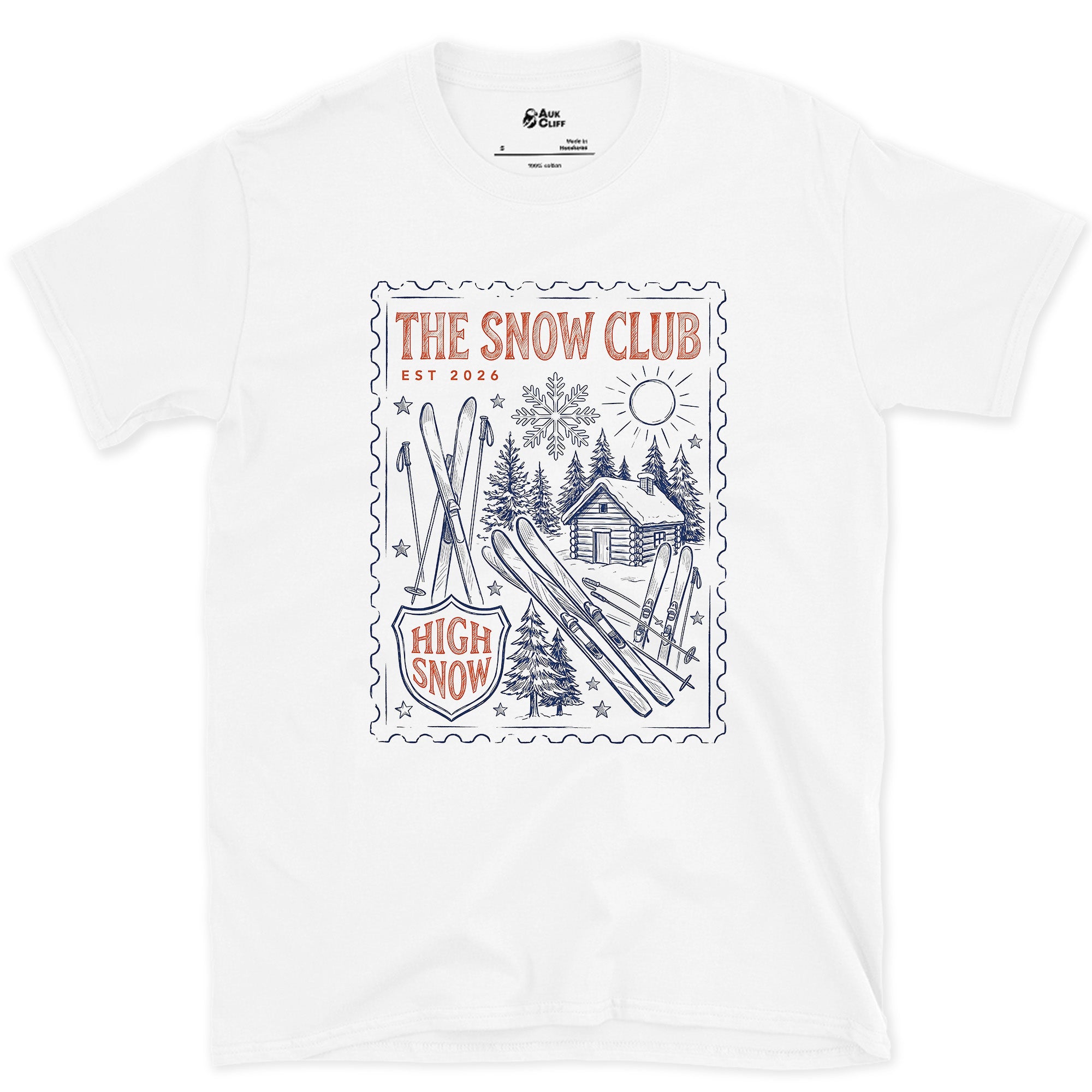 The Snow Club, Stamped With a Cabin and Skis design on a White Gildan Softstyle t-shirt