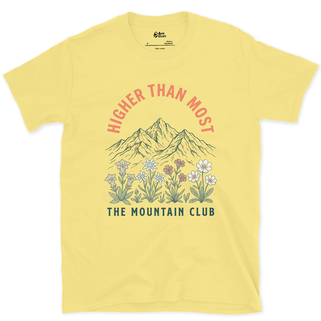 Higher Than Most, Mountain Club design on a Cornsilk Gildan Softstyle t-shirt