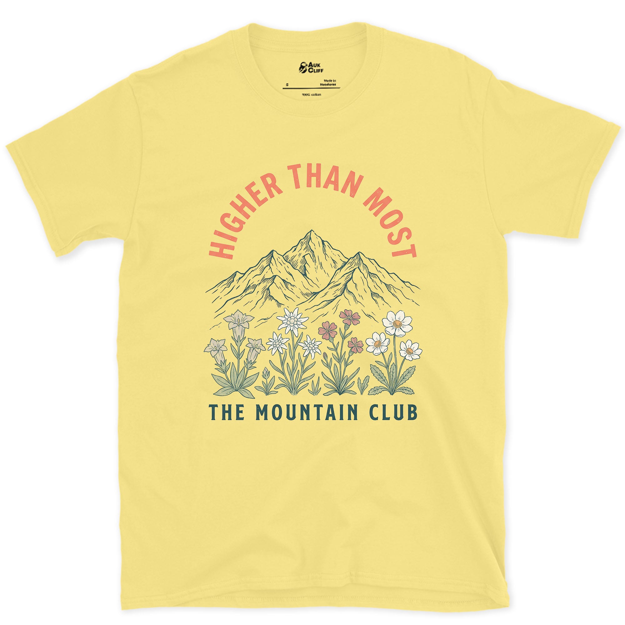 Higher Than Most, Mountain Club design on a Cornsilk Gildan Softstyle t-shirt