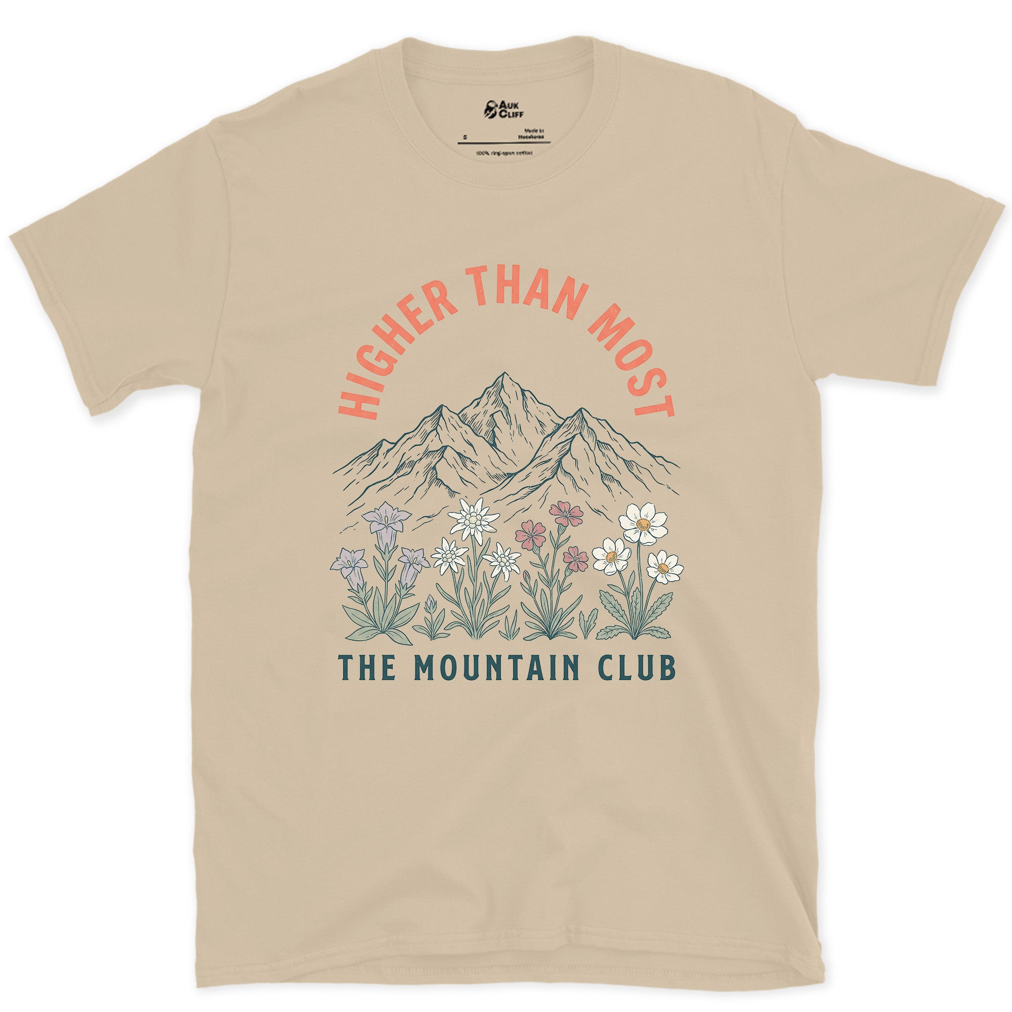 Higher Than Most, Mountain Club design on a Sand Gildan Softstyle t-shirt